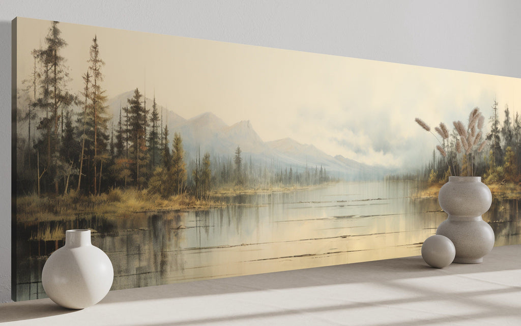Vintage Neutral Lake Landscape Long Above Bed Horizontal Wall Art