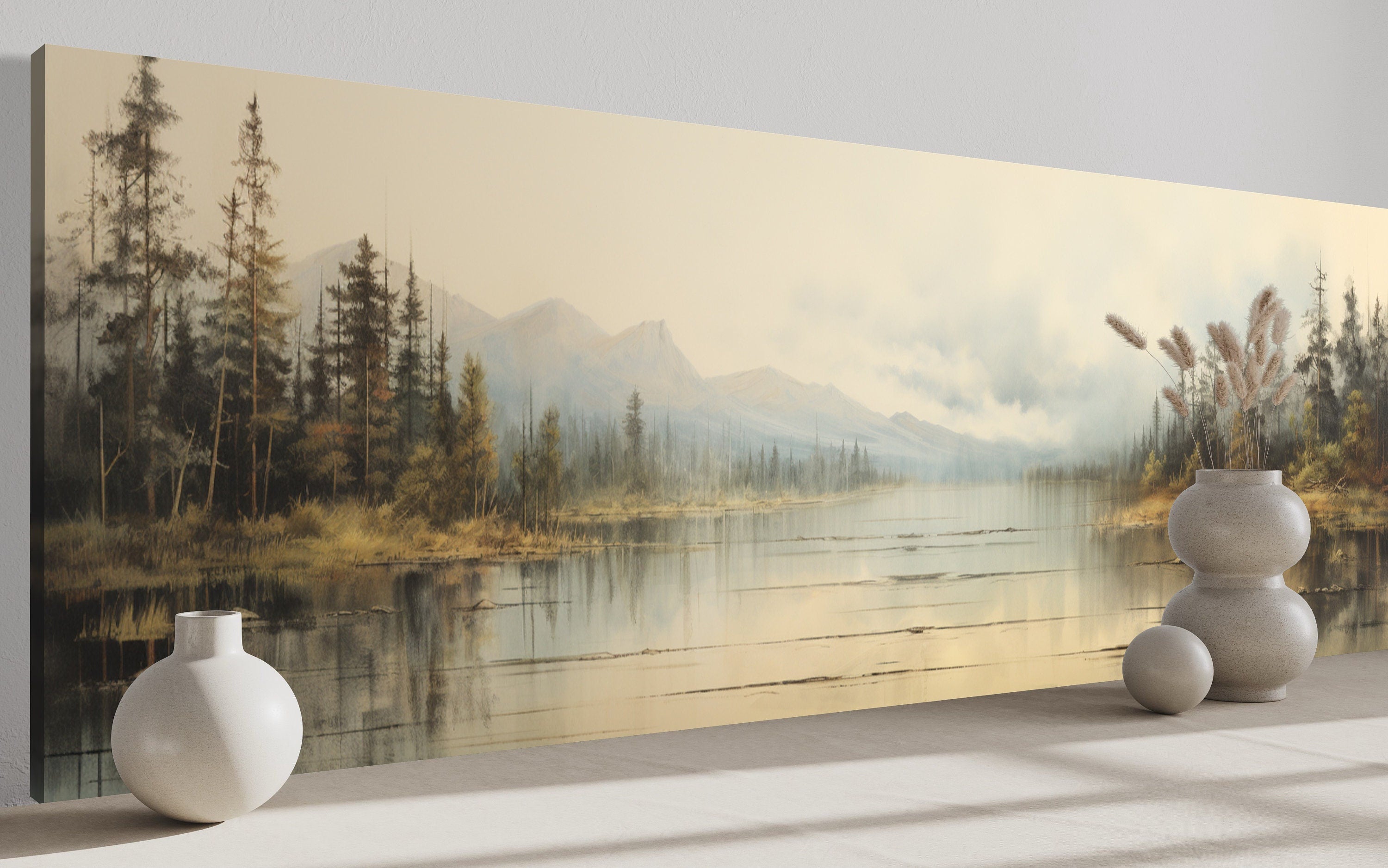 Vintage Neutral Lake Landscape Long Above Bed Horizontal Wall Art