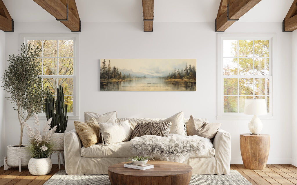 Vintage Neutral Lake Landscape Long Above Bed Horizontal Wall Art
