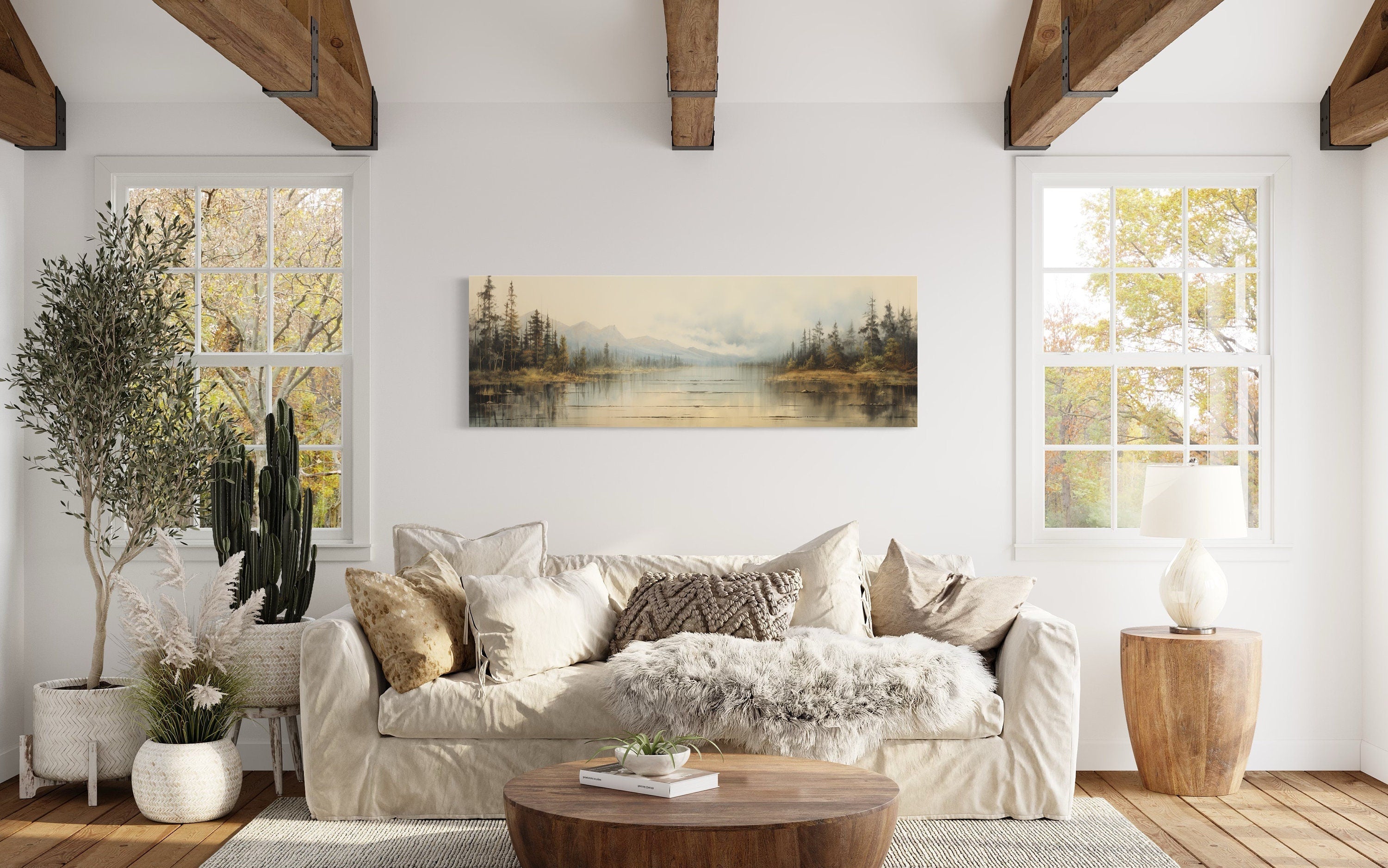 Vintage Neutral Lake Landscape Long Above Bed Horizontal Wall Art