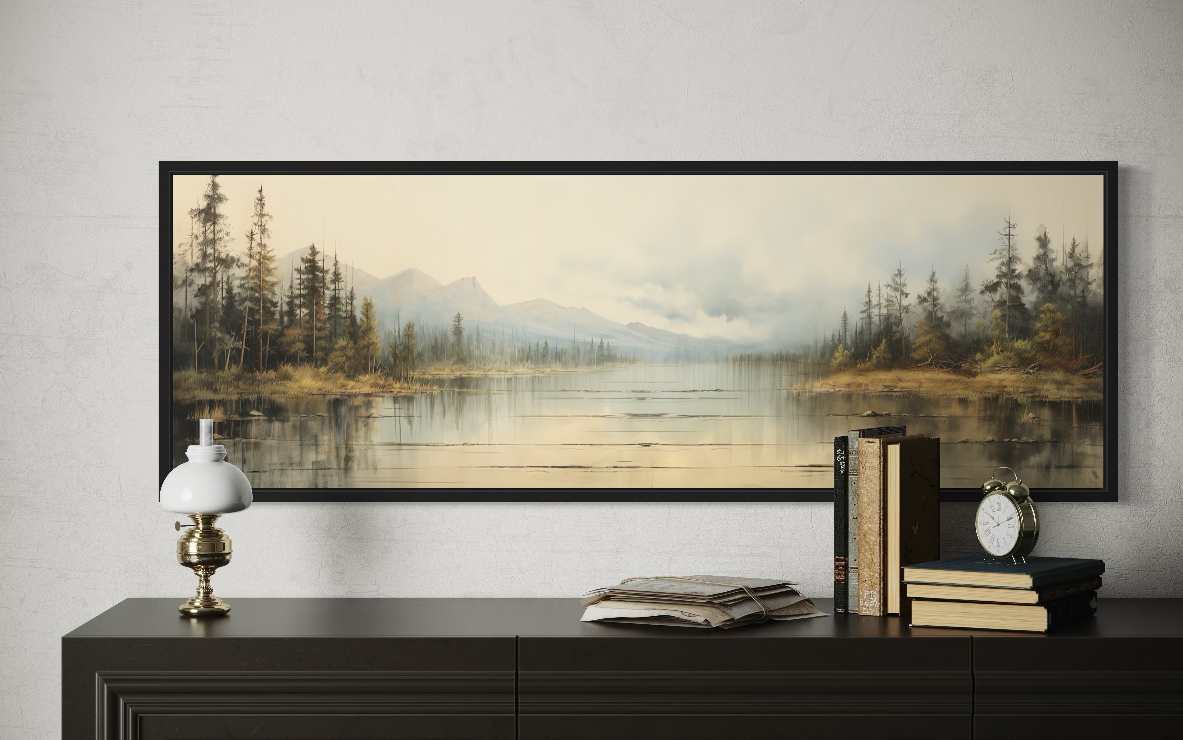 Vintage Neutral Lake Landscape Long Above Bed Horizontal Wall Art
