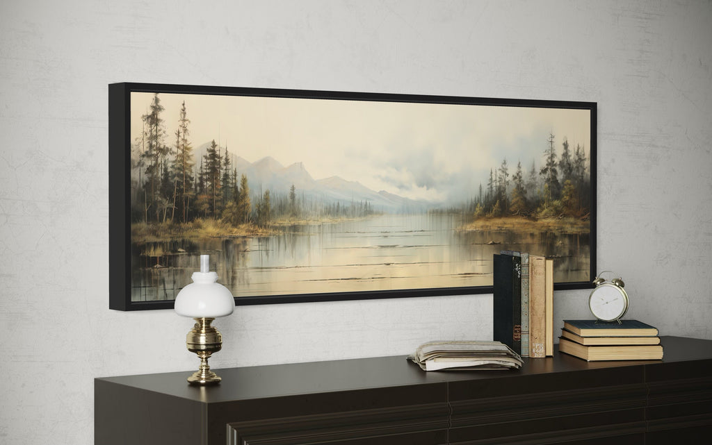 Vintage Neutral Lake Landscape Long Above Bed Horizontal Wall Art