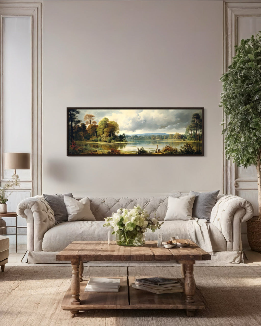 Vintage Painting Nature Landscape Lake And Forest Narrow Horizontal Wall Art