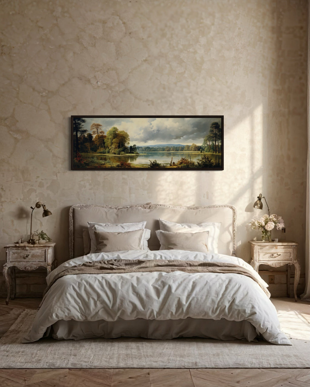 Vintage Painting Nature Landscape Lake And Forest Narrow Horizontal Wall Art