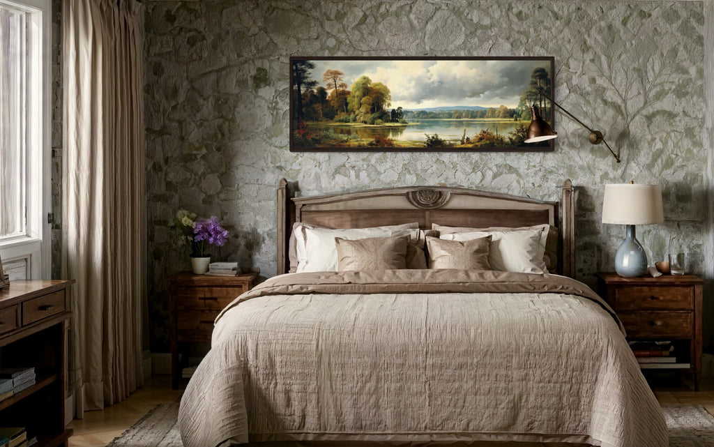 Vintage Painting Nature Landscape Lake And Forest Narrow Horizontal Wall Art