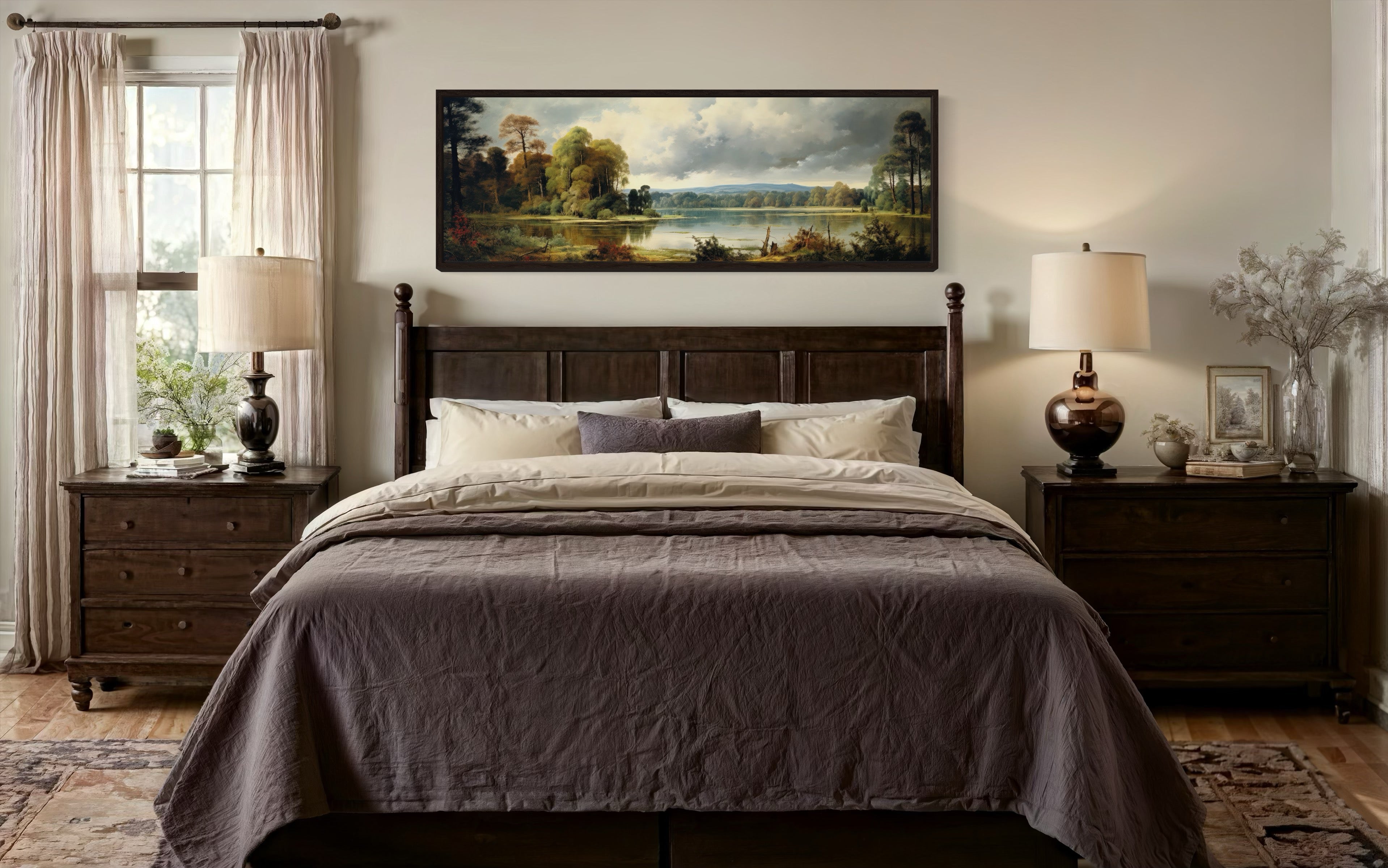 Vintage Painting Nature Landscape Lake And Forest Narrow Horizontal Wall Art
