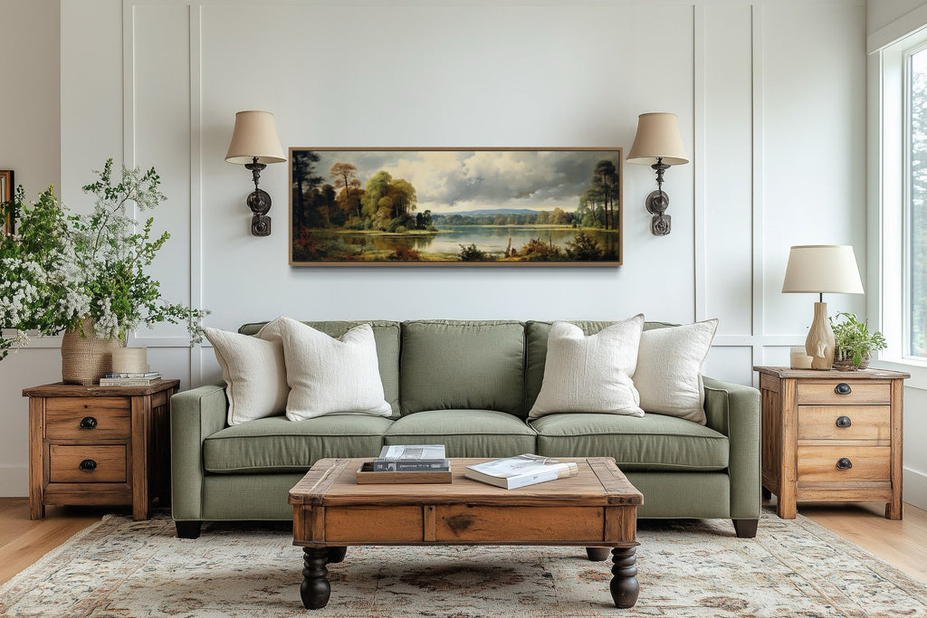Vintage Painting Nature Landscape Lake And Forest Narrow Horizontal Wall Art