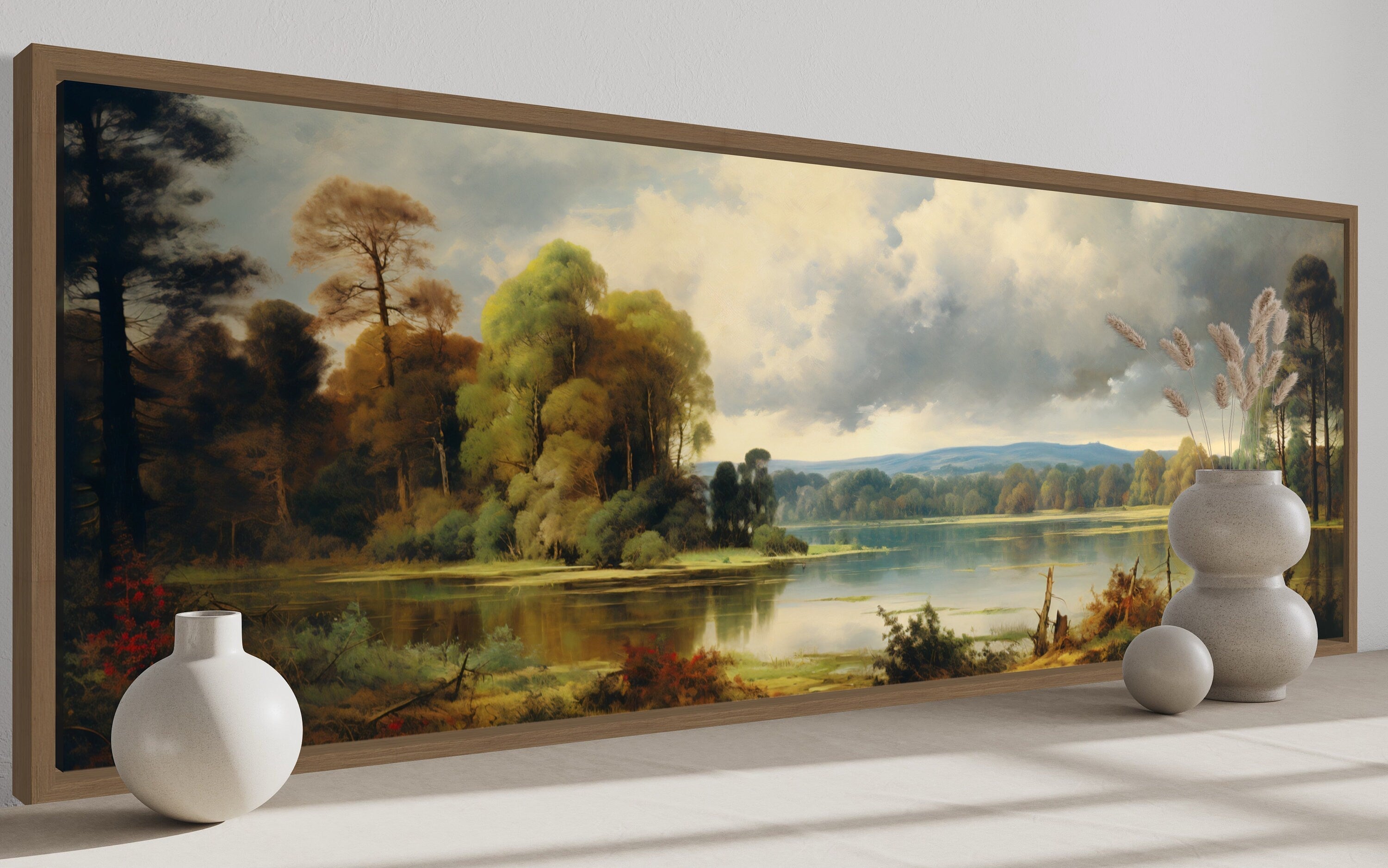 Vintage Painting Nature Landscape Lake And Forest Narrow Horizontal Wall Art