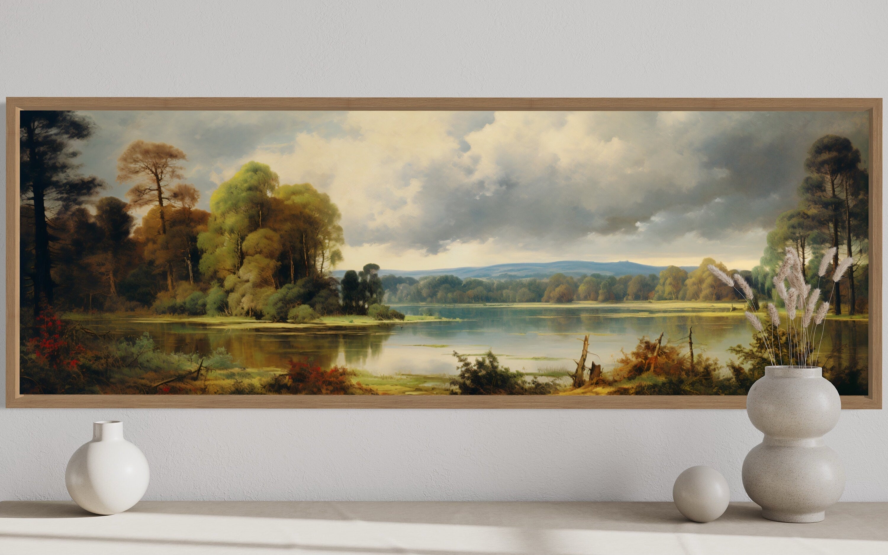 Vintage Painting Nature Landscape Lake And Forest Narrow Horizontal Wall Art