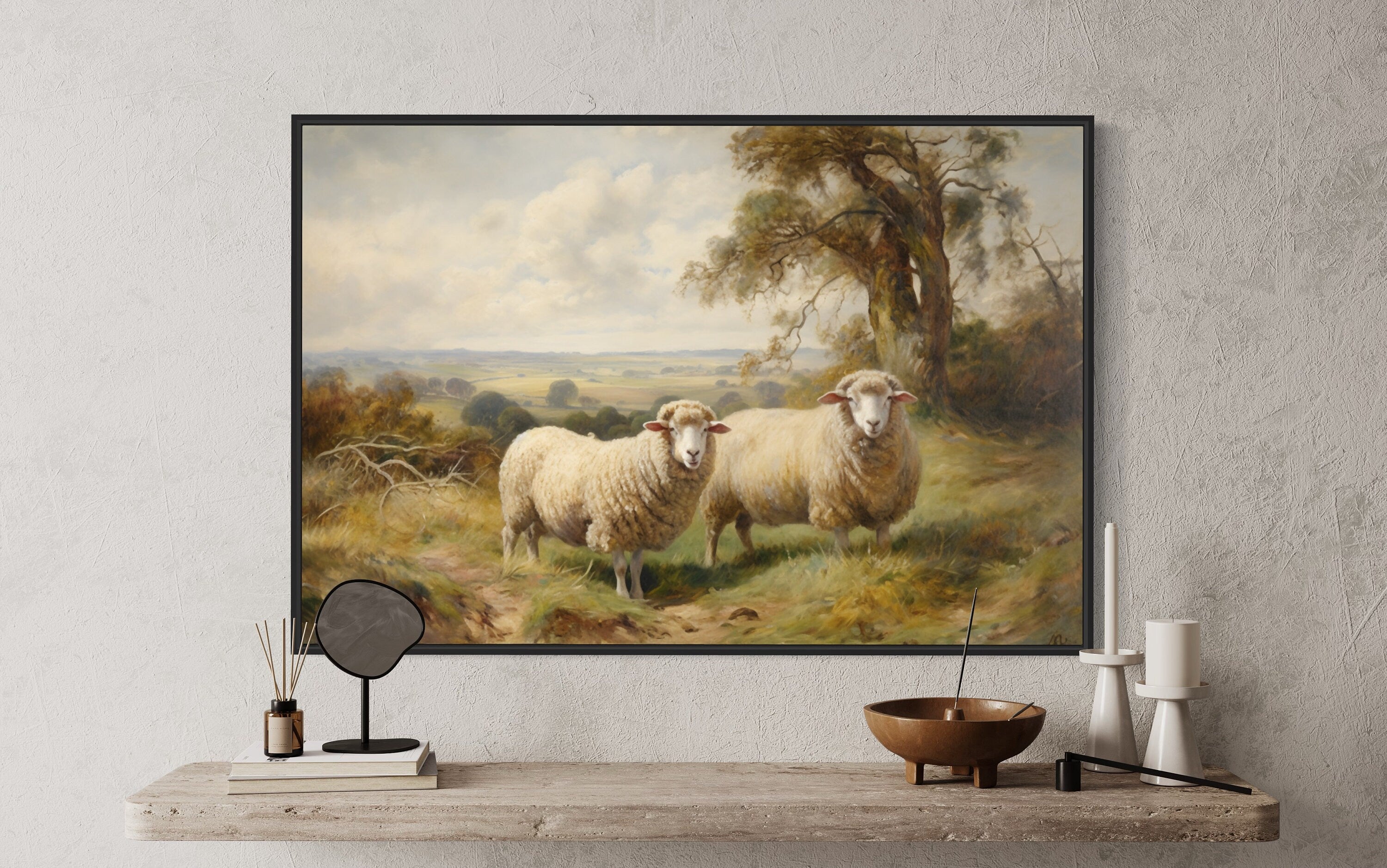 Vintage Pastoral Painting Two Sheep In The Meadow Canvas Wall Art