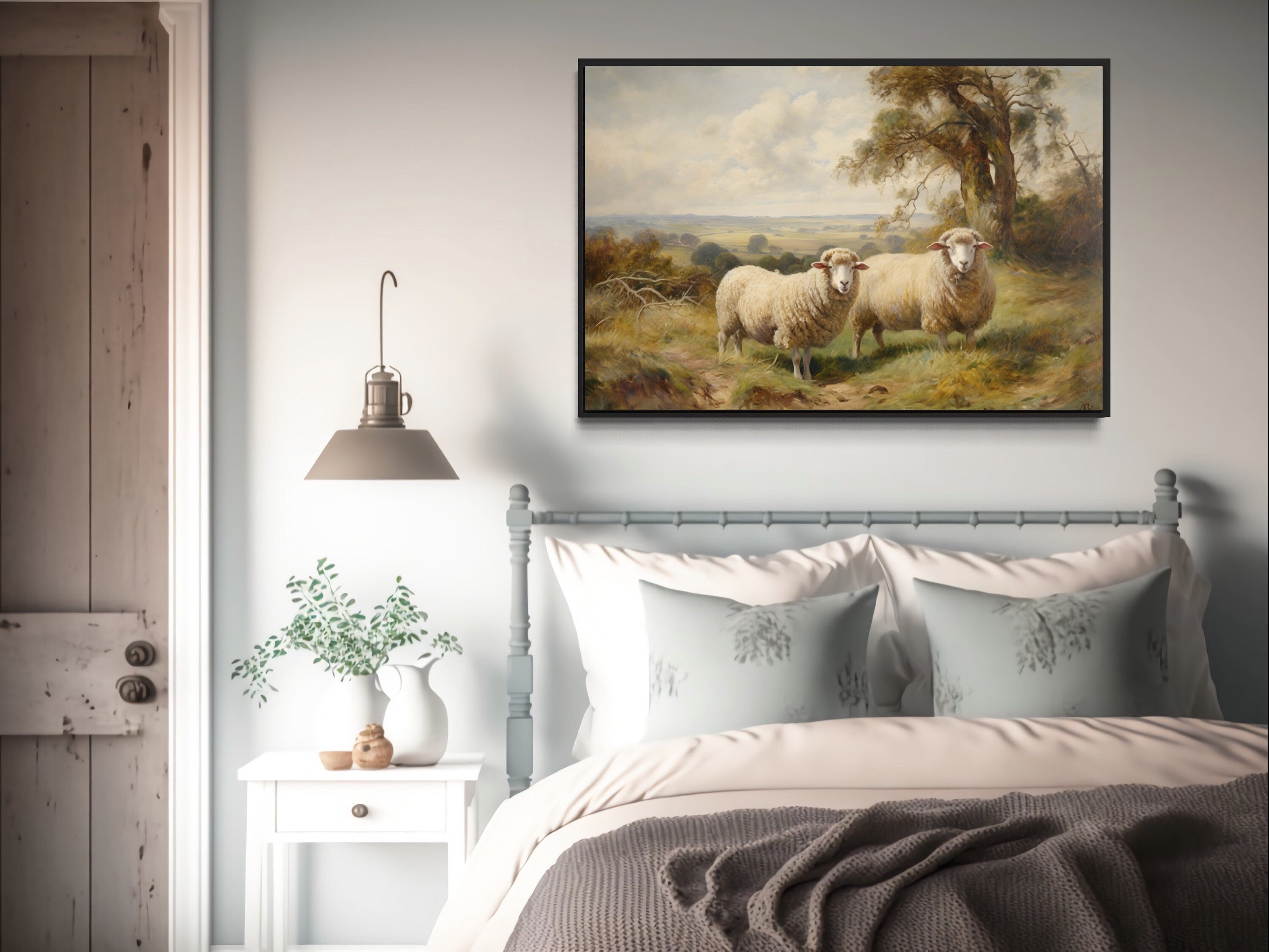 Vintage Pastoral Painting Two Sheep In The Meadow Canvas Wall Art