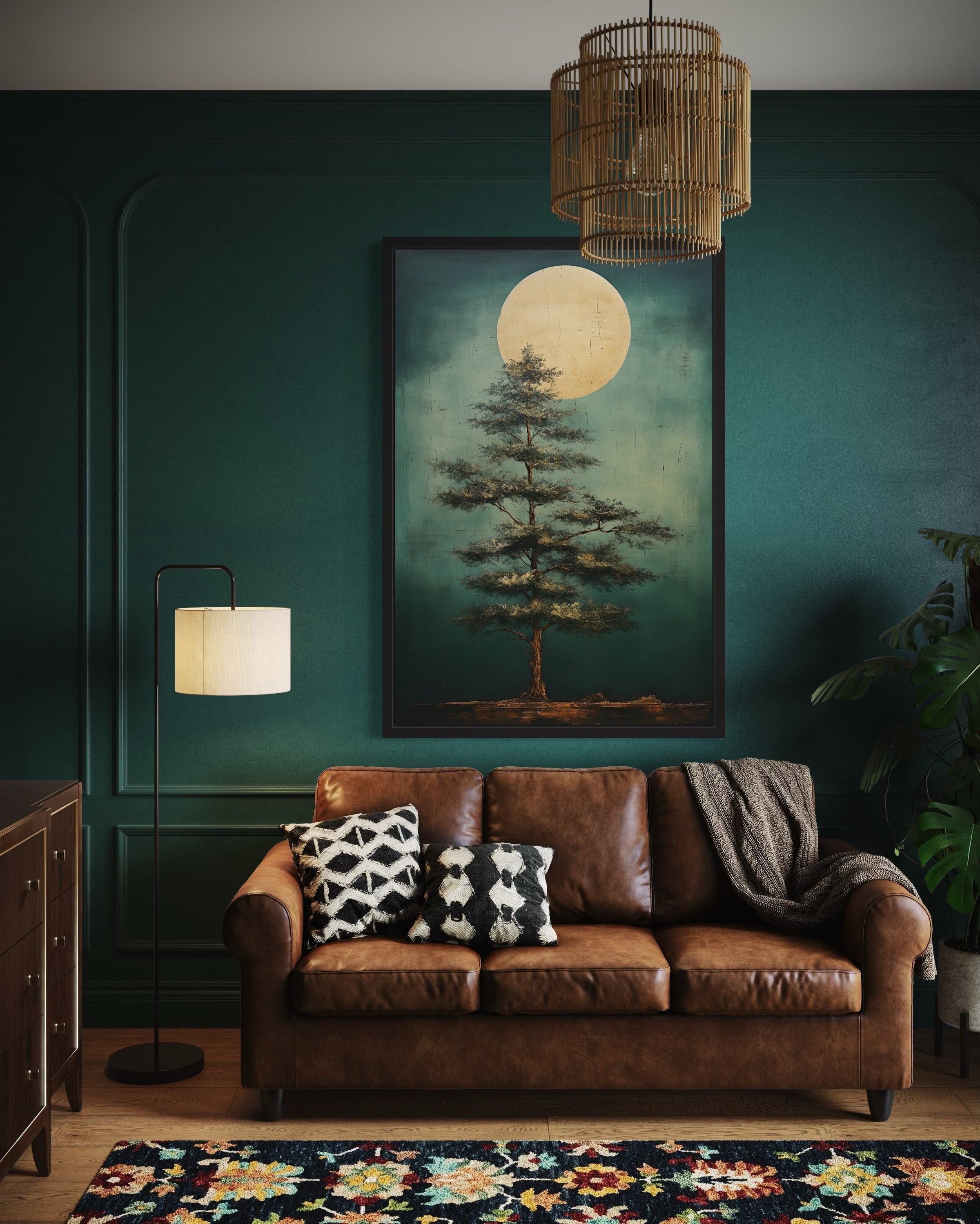 Vintage Pine Tree And Moon Emerald Green Framed Canvas Wall Art