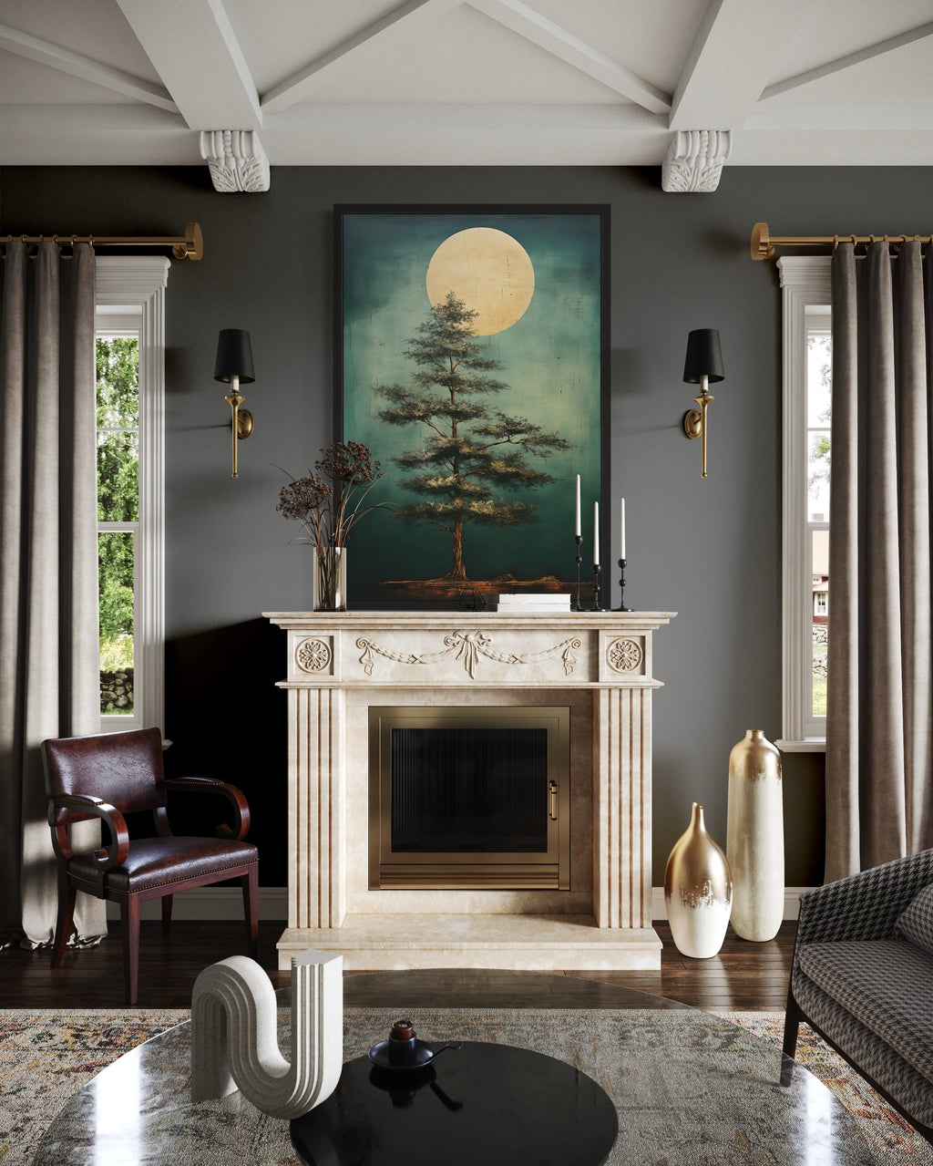 Vintage Pine Tree And Moon Emerald Green Framed Canvas Wall Art