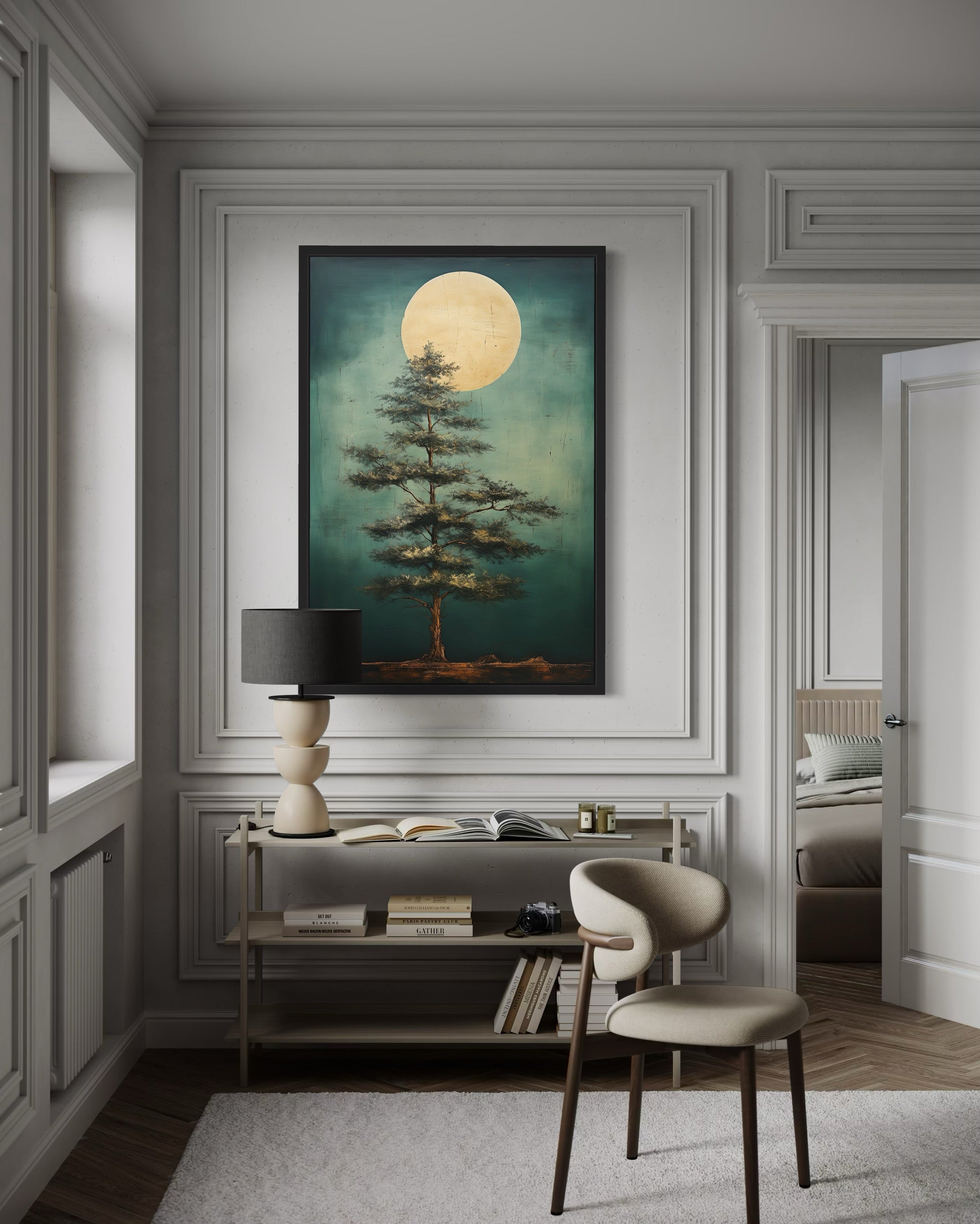 Vintage Pine Tree And Moon Emerald Green Framed Canvas Wall Art