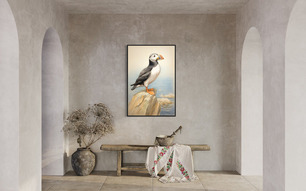 Vintage Puffin Painting Coastal Birds Framed Canvas Wall Art