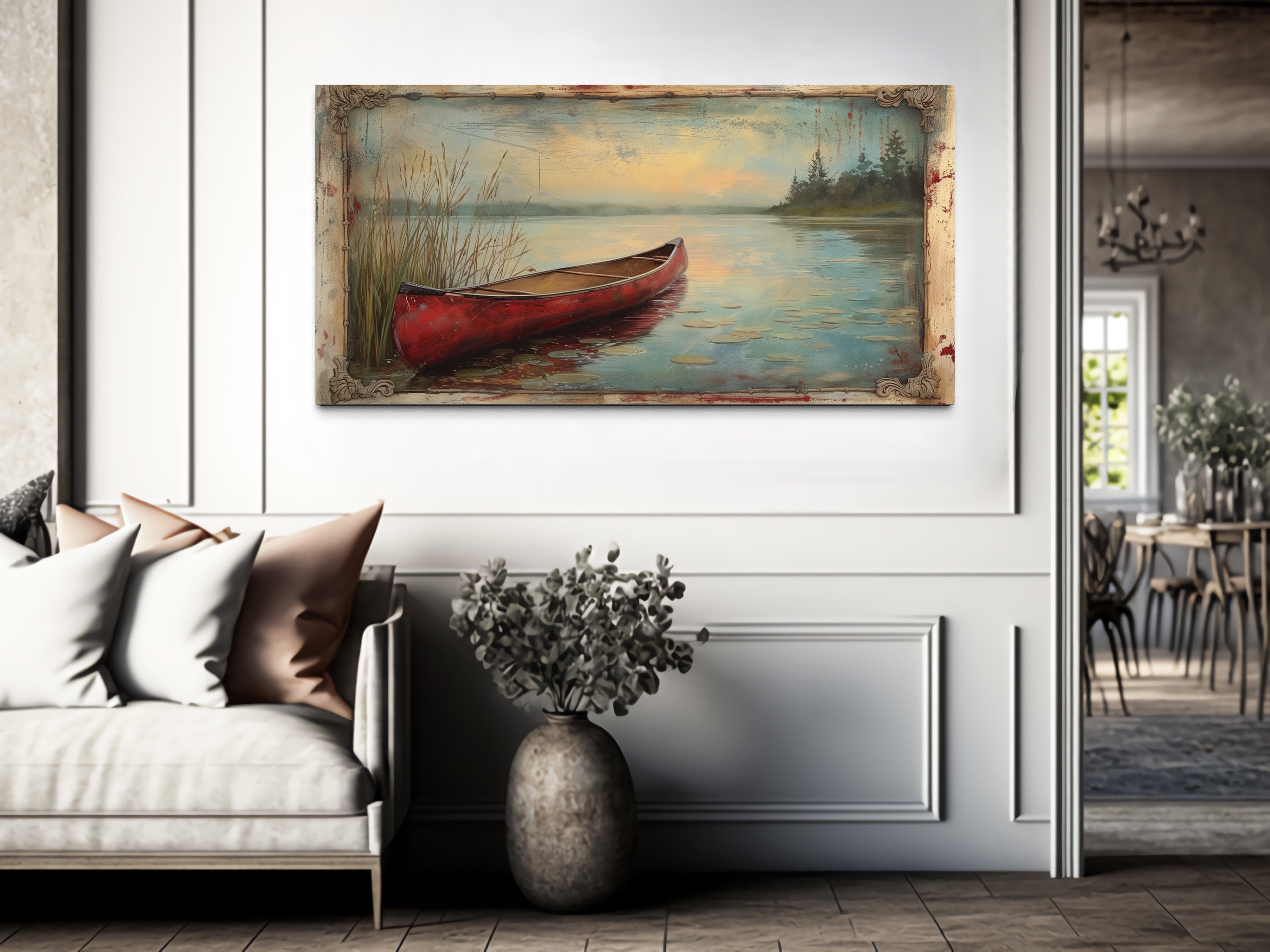 Vintage Red Canoe In The Lake In Fake Vintage Frame Rustic Wall Art For Cabin Decor