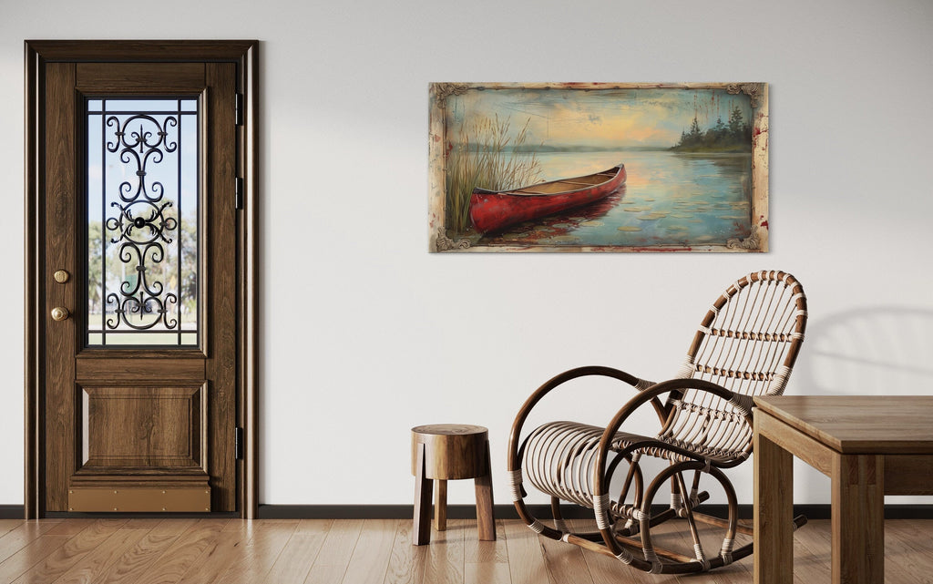 Vintage Red Canoe In The Lake In Fake Vintage Frame Rustic Wall Art For Cabin Decor
