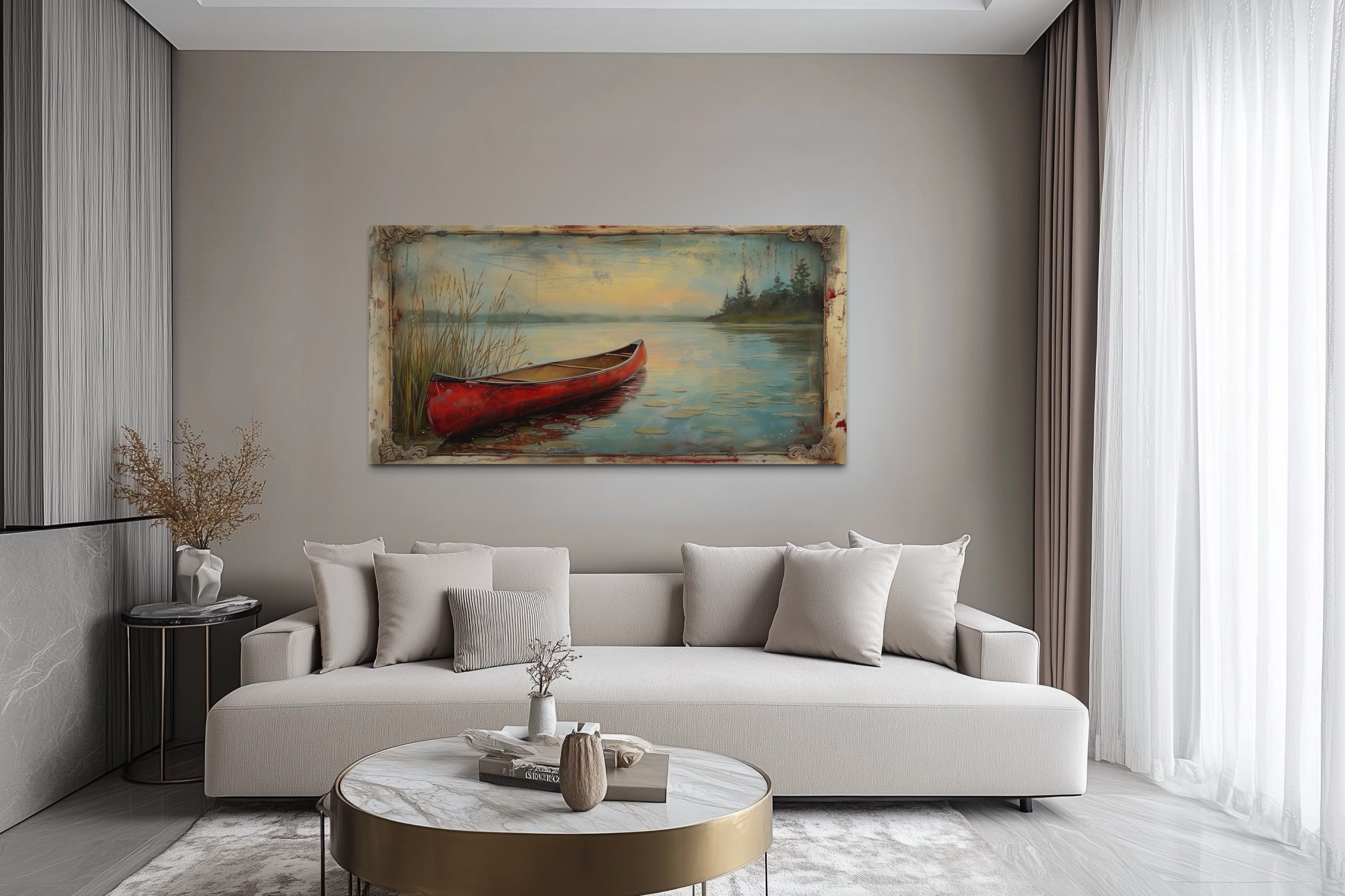 Vintage Red Canoe In The Lake In Fake Vintage Frame Rustic Wall Art For Cabin Decor