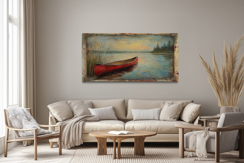 Vintage Red Canoe In The Lake In Fake Vintage Frame Rustic Wall Art For Cabin Decor