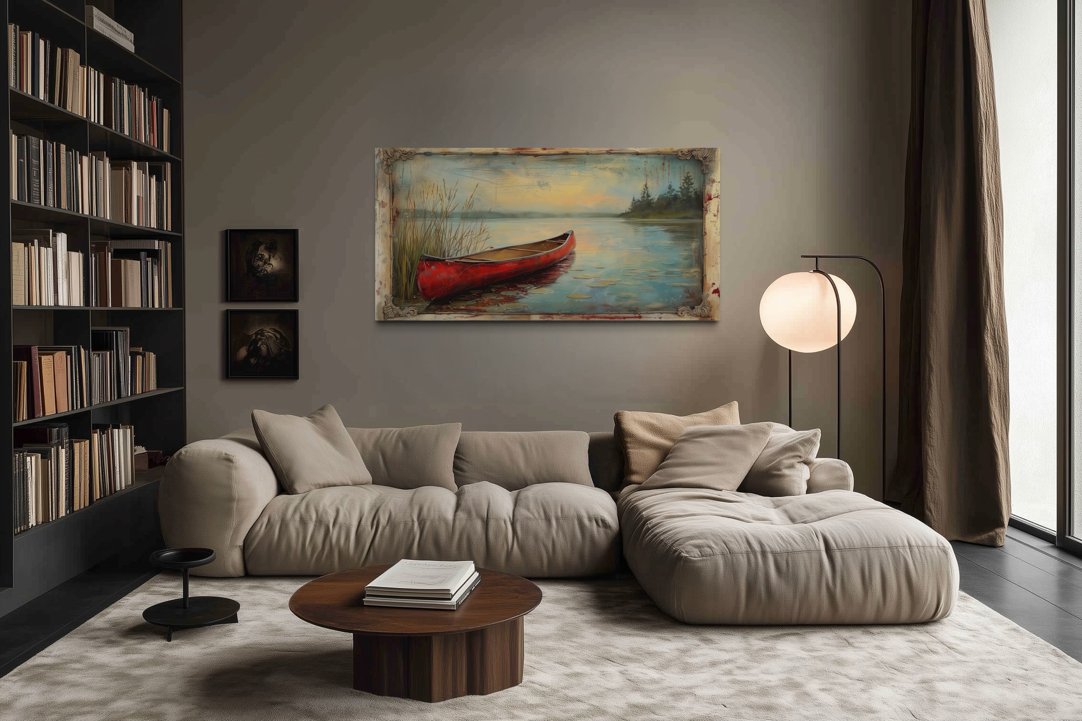 Vintage Red Canoe In The Lake In Fake Vintage Frame Rustic Wall Art For Cabin Decor
