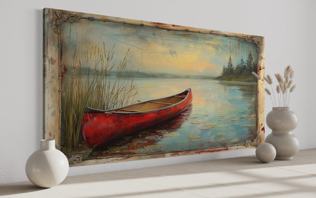 Vintage Red Canoe In The Lake In Fake Vintage Frame Rustic Wall Art For Cabin Decor