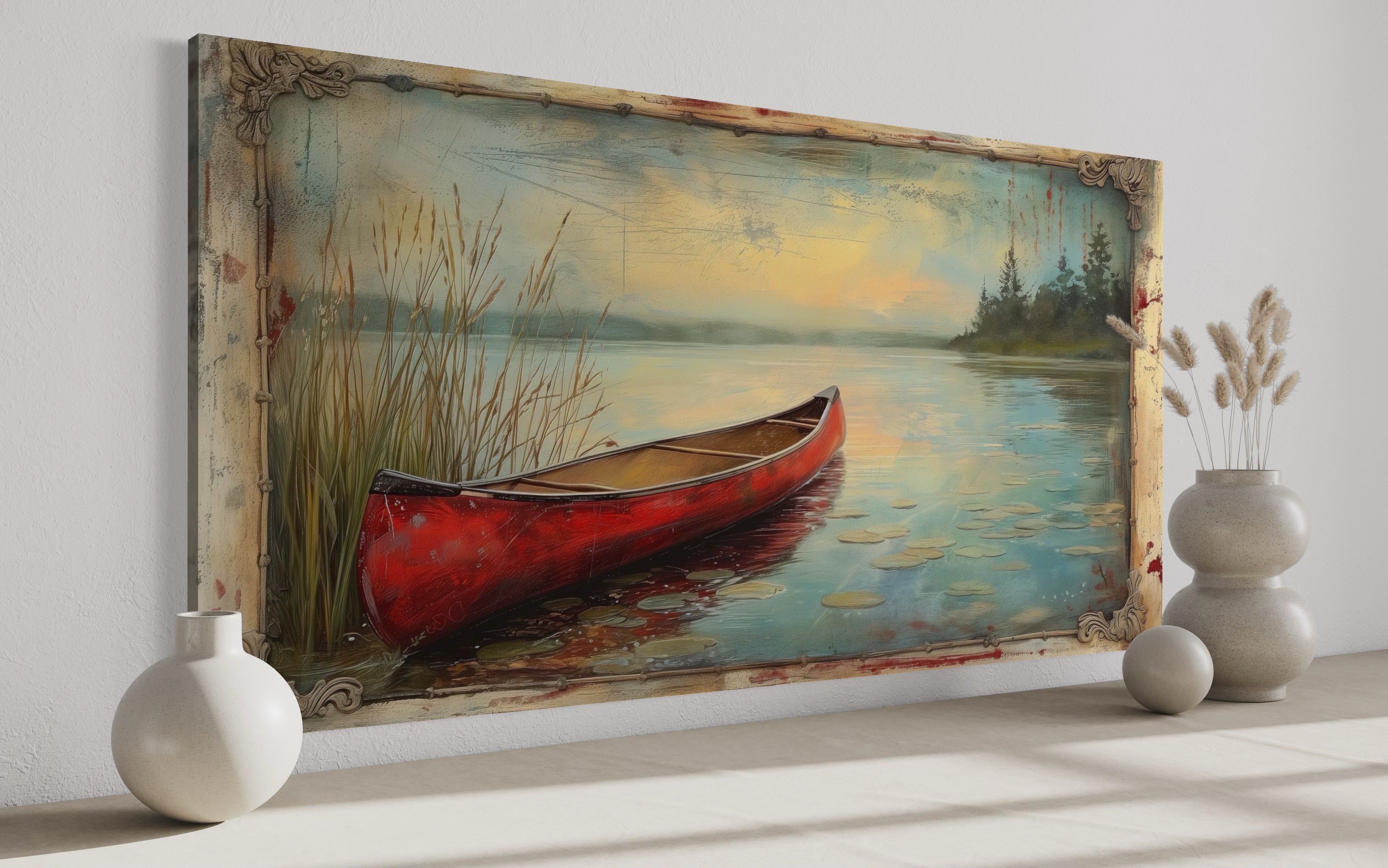 Vintage Red Canoe In The Lake In Fake Vintage Frame Rustic Wall Art For Cabin Decor