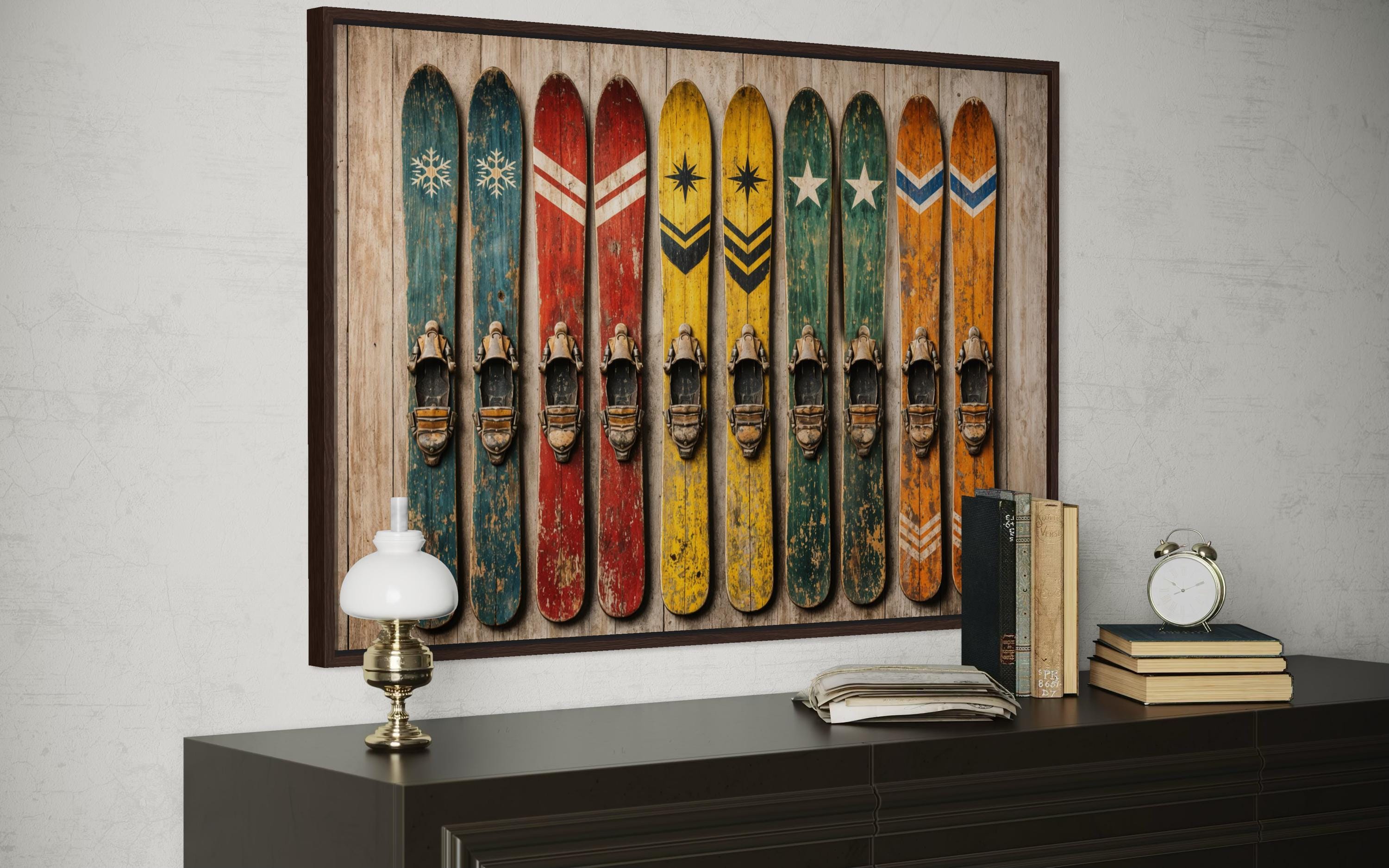 Vintage Ski Wall Art – Rustic Winter Sports Artwork With Colorful Retro Skis