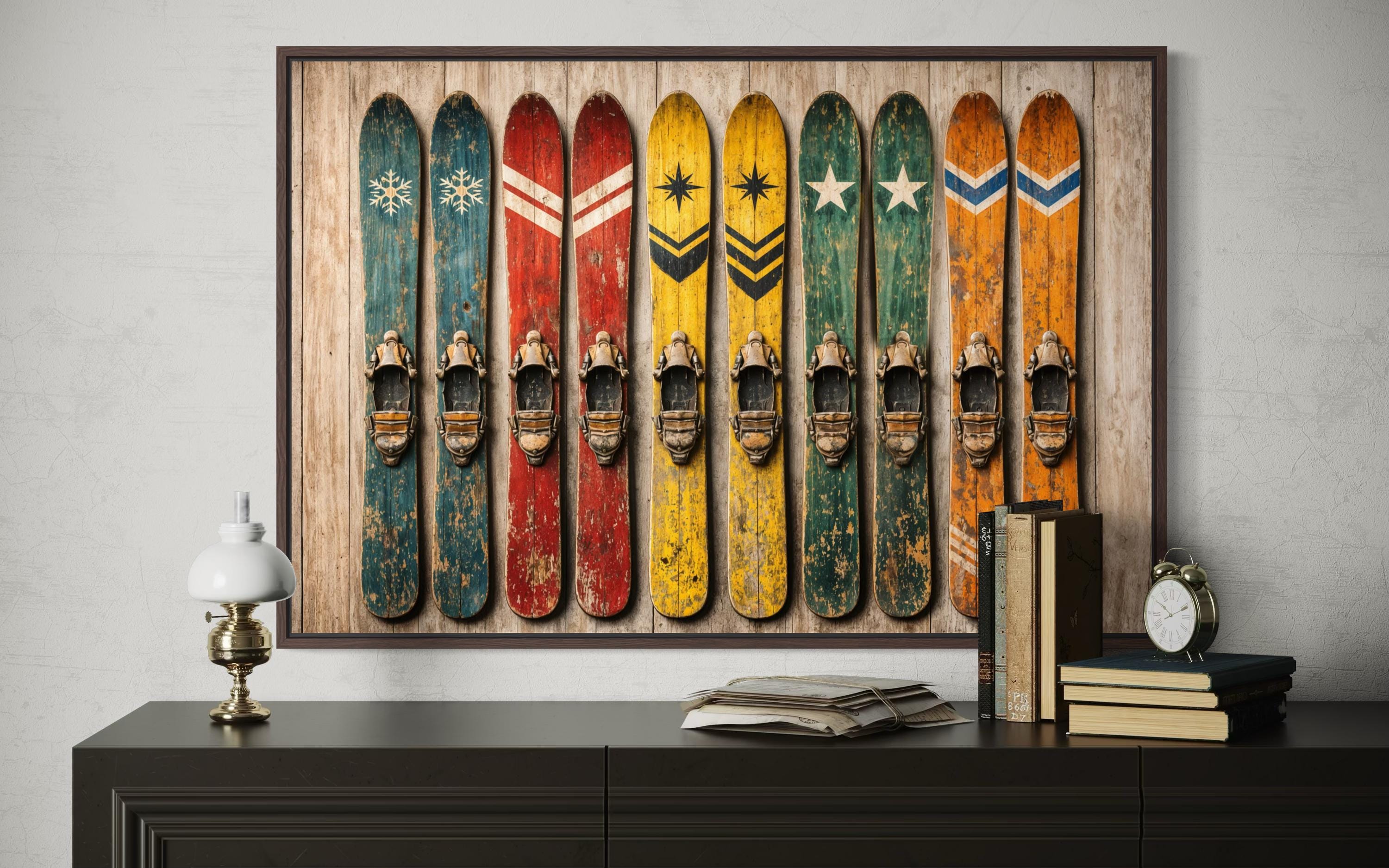 Vintage Ski Wall Art – Rustic Winter Sports Artwork With Colorful Retro Skis