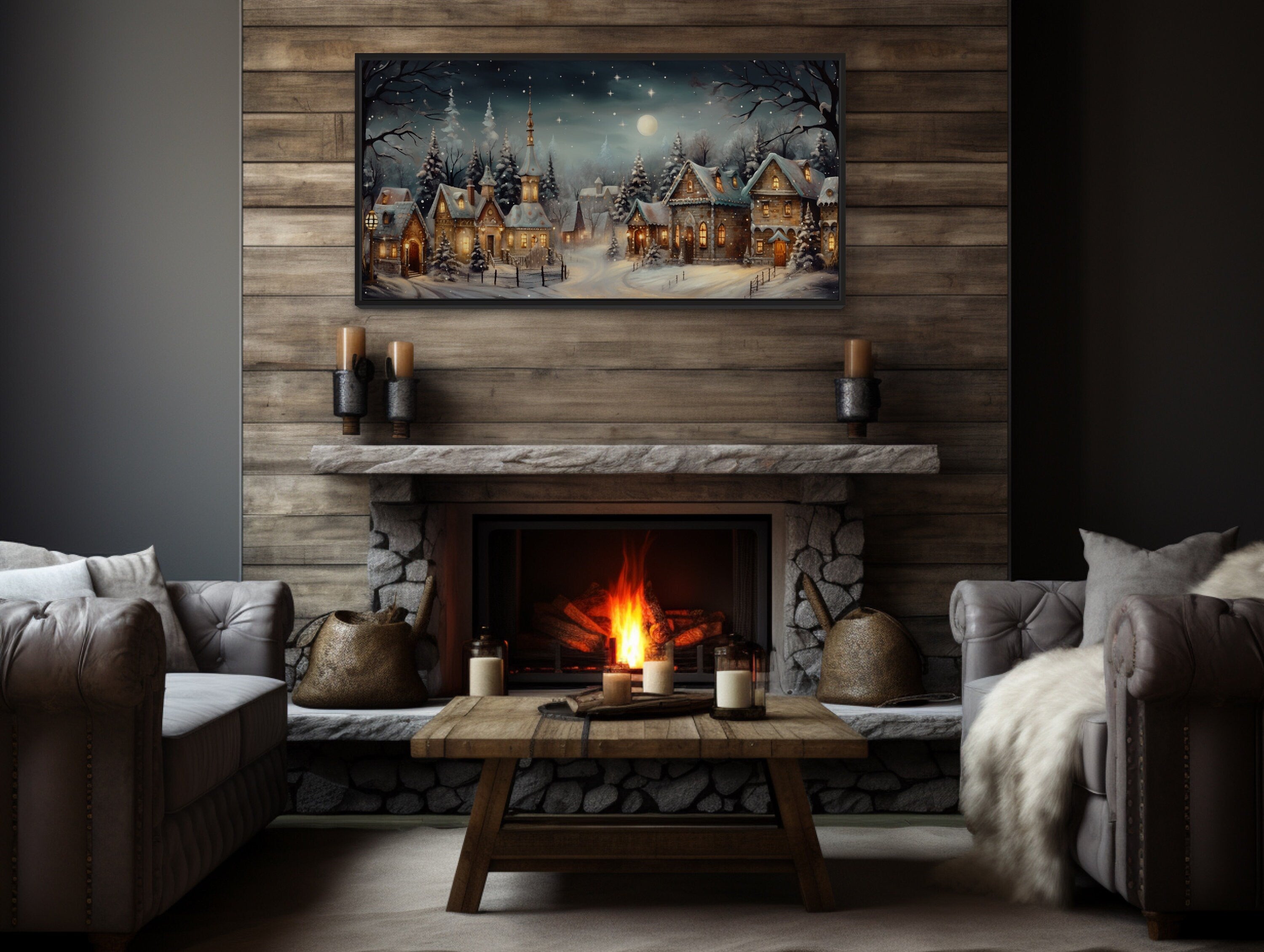 Vintage Snowy Village Decor – Cozy Christmas Wall Art With Warm Winter Colors
