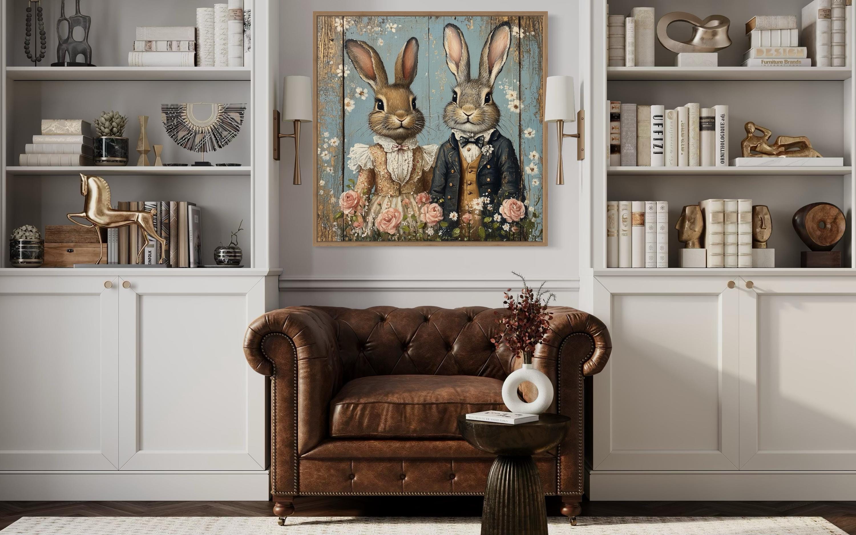 Vintage Victorian Rabbit Couple Framed Canvas Wall Art
