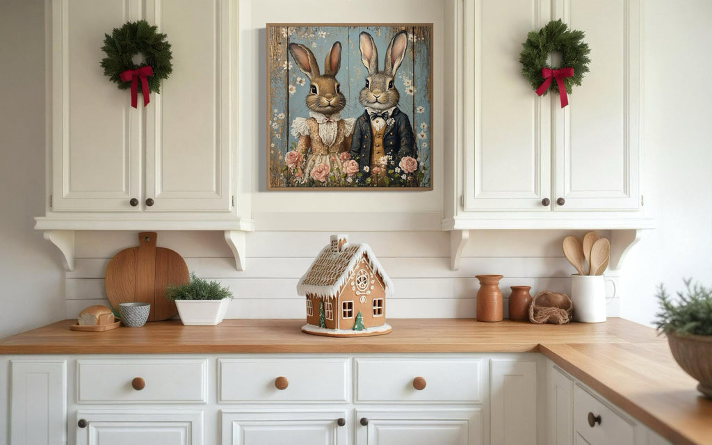 Vintage Victorian Rabbit Couple Framed Canvas Wall Art