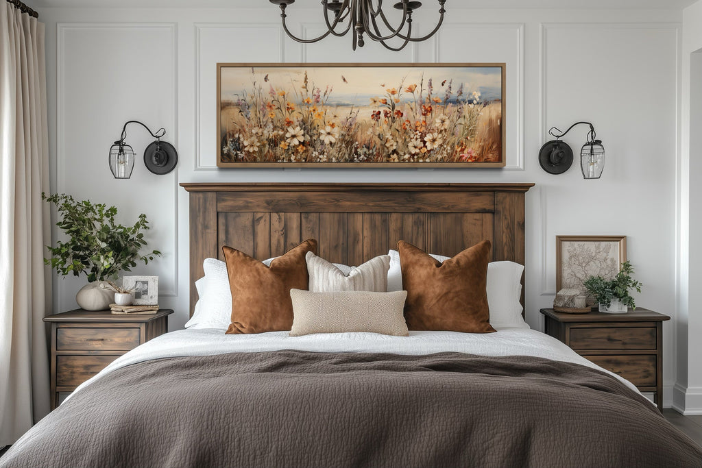 Vintage Wildflowers Field Above Bed Canvas Wall Art