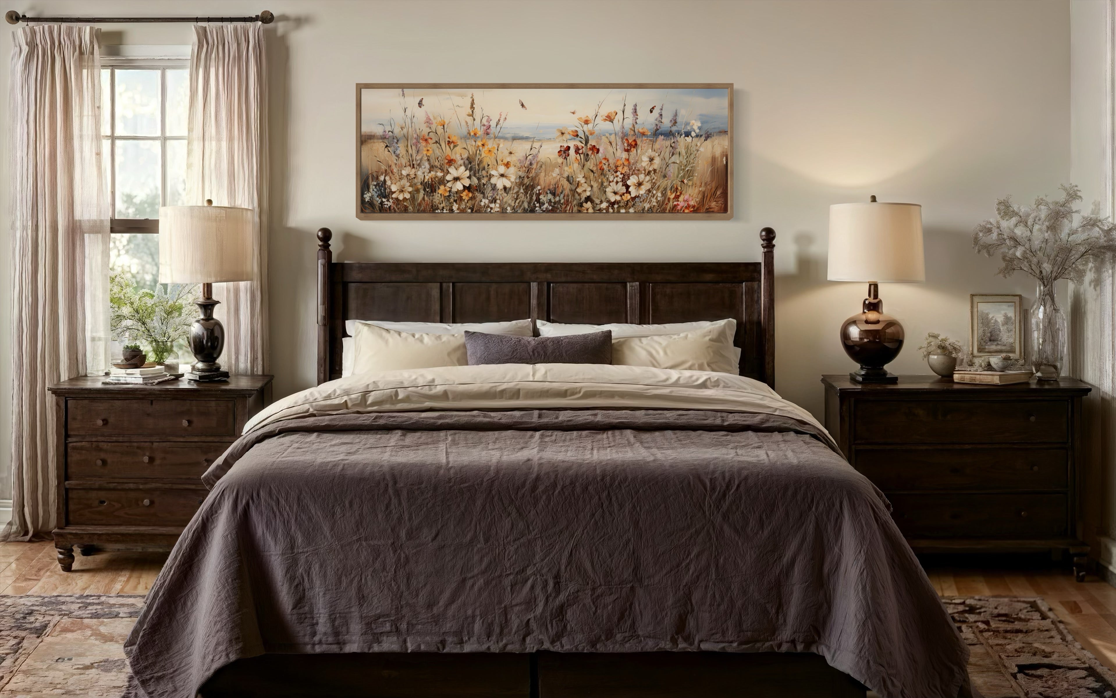 Vintage Wildflowers Field Above Bed Canvas Wall Art