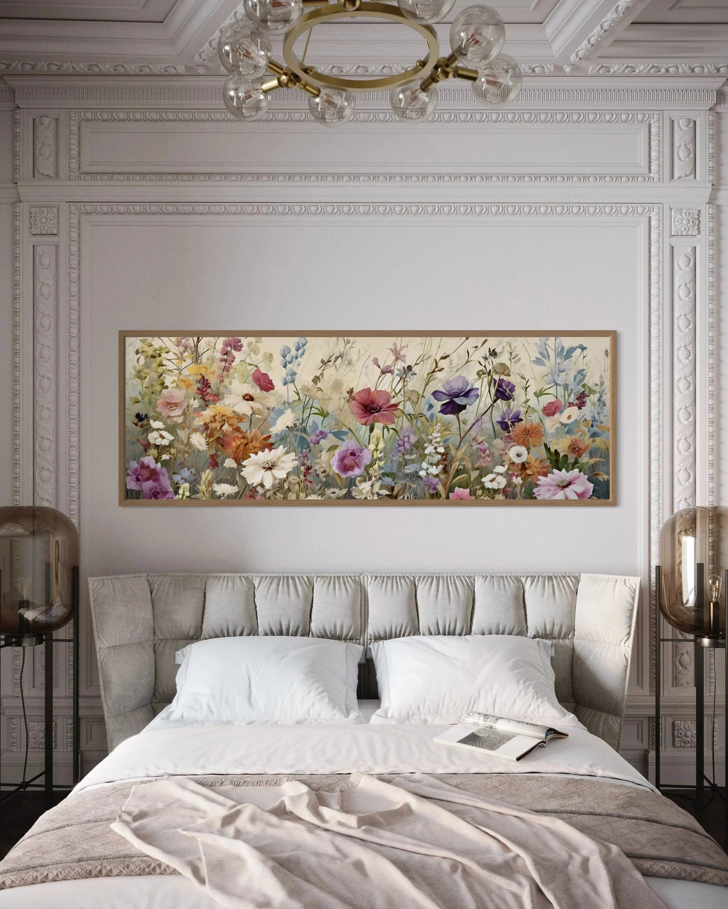 Vintage Wildflowers Field Panoramic Above Bed Wall Art