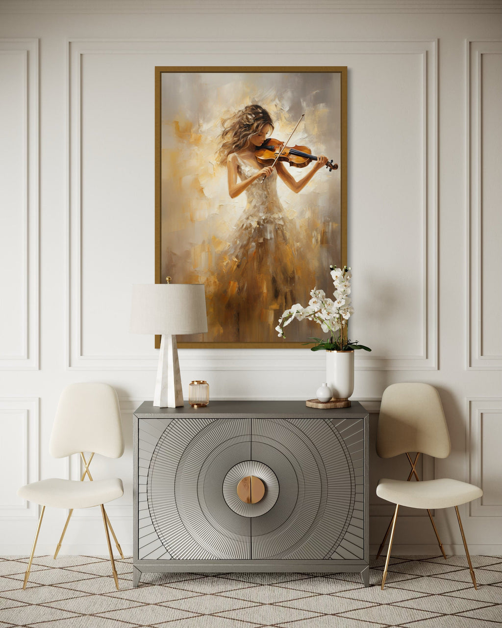 Violin Player In Gold Dress Framed Canvas Wall Art For Music Room Decor