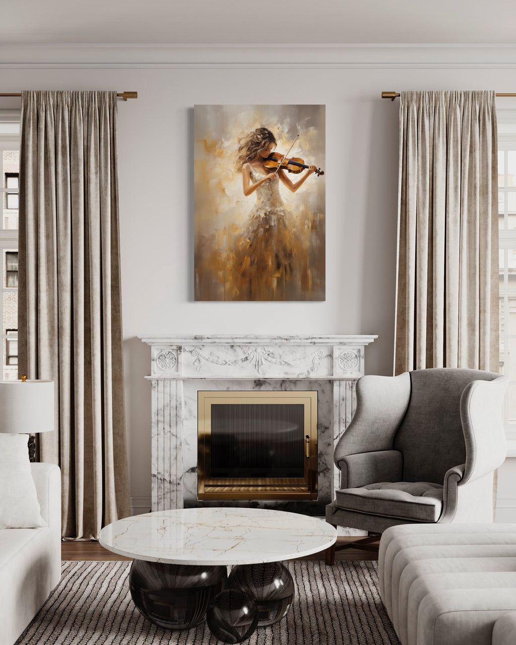 Violin Player In Gold Dress Framed Canvas Wall Art For Music Room Decor