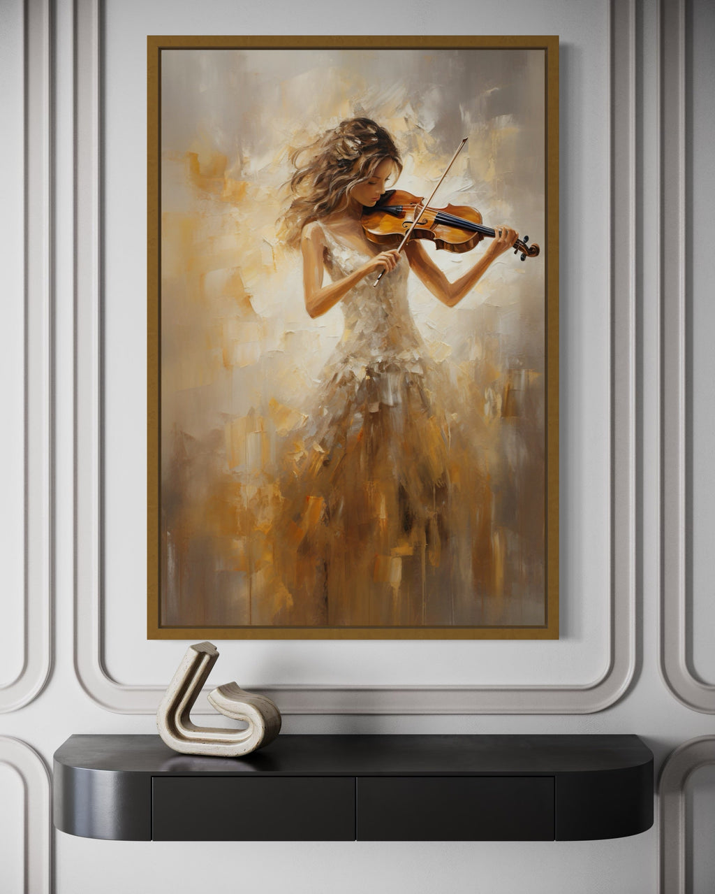Violin Player In Gold Dress Framed Canvas Wall Art For Music Room Decor