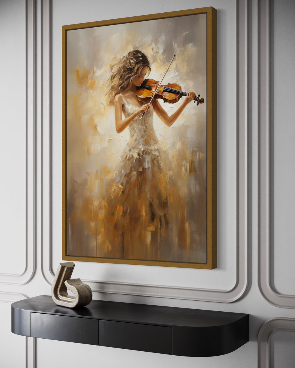 Violin Player In Gold Dress Framed Canvas Wall Art For Music Room Decor
