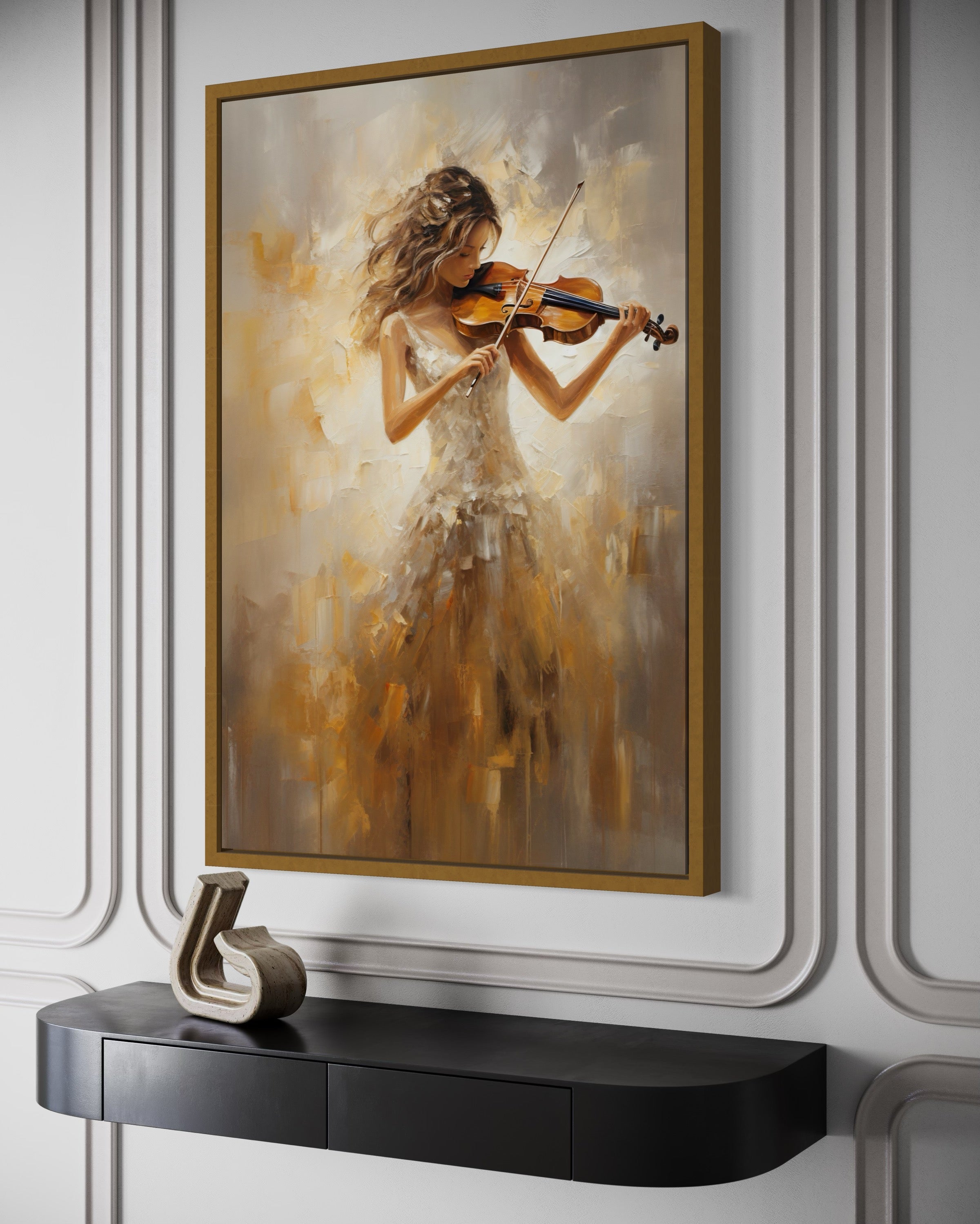 Violin Player In Gold Dress Framed Canvas Wall Art For Music Room Decor