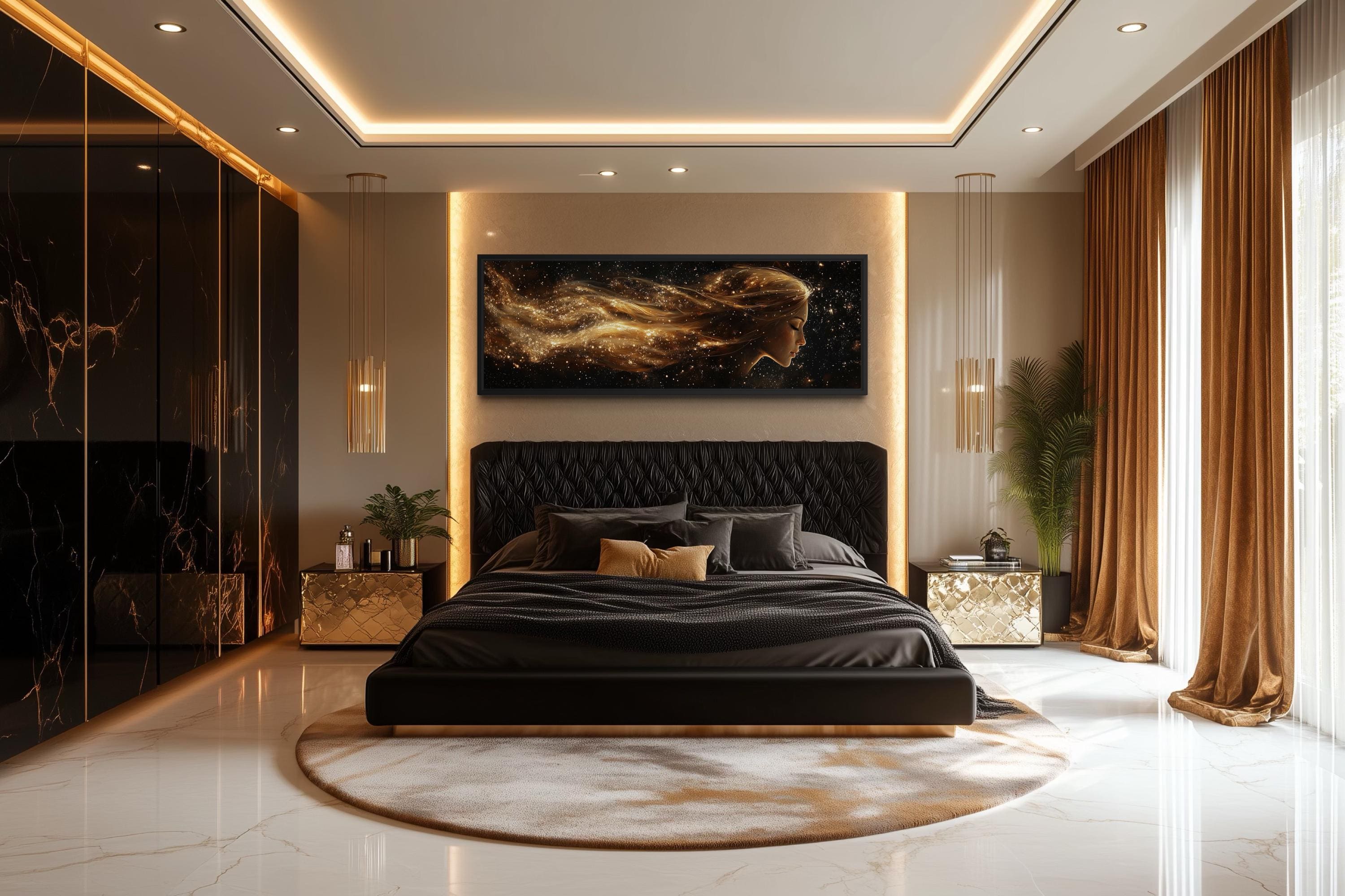 Virgo Zodiac Wall Art – Black Gold Celestial Canvas | Elegant Astrology Inspired Decor
