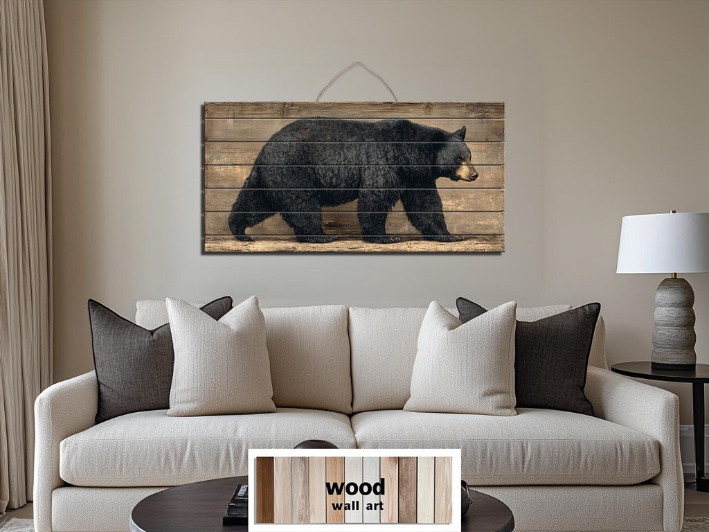 Walking Black Bear Large Horizontal Wood Wall Art For  Rustic Cabin Or Hunting Lodge Decor