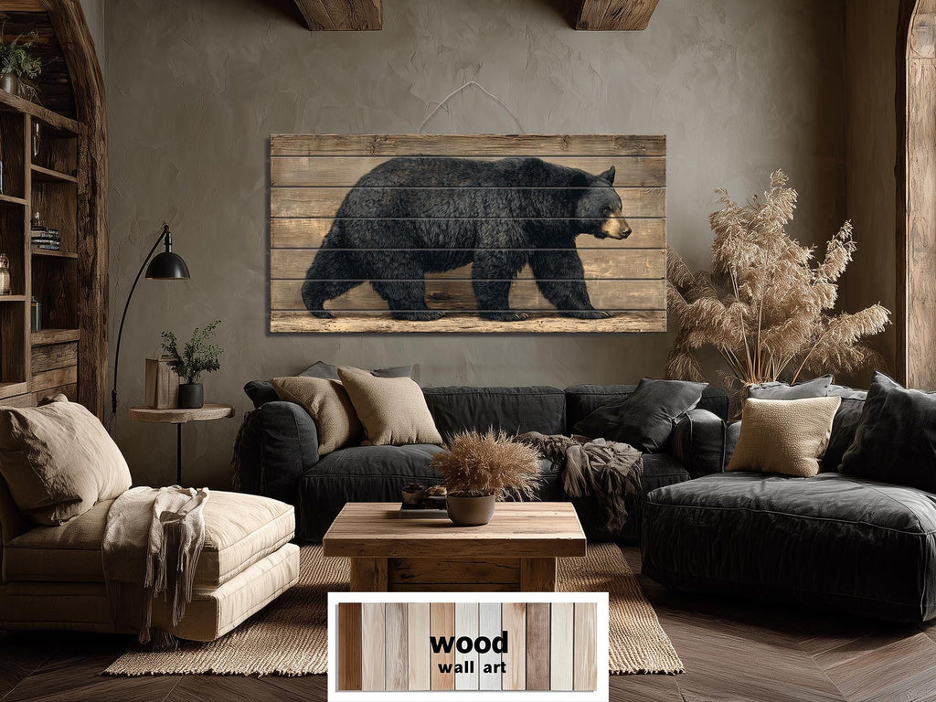 Walking Black Bear Large Horizontal Wood Wall Art For  Rustic Cabin Or Hunting Lodge Decor