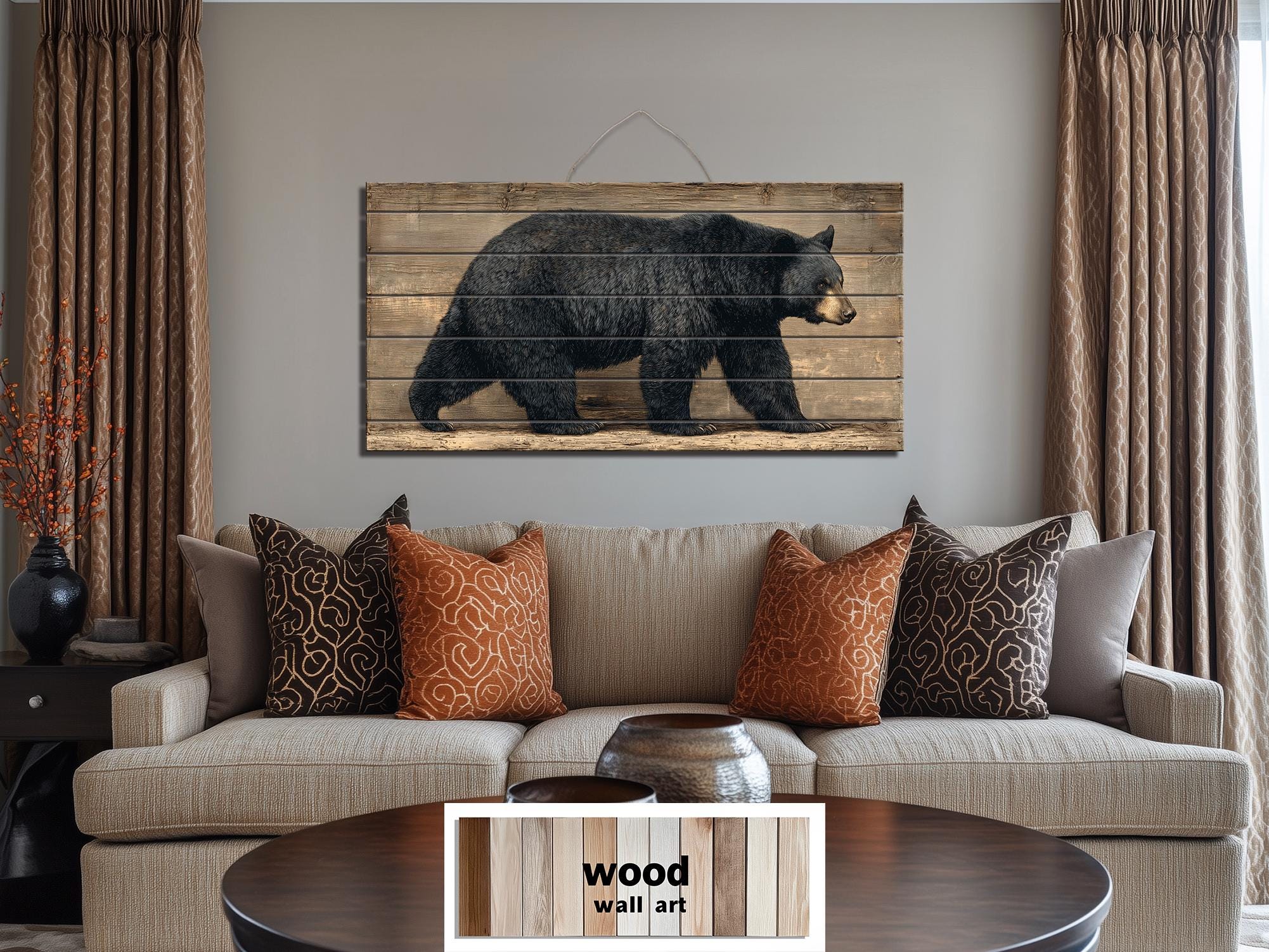 Walking Black Bear Large Horizontal Wood Wall Art For  Rustic Cabin Or Hunting Lodge Decor