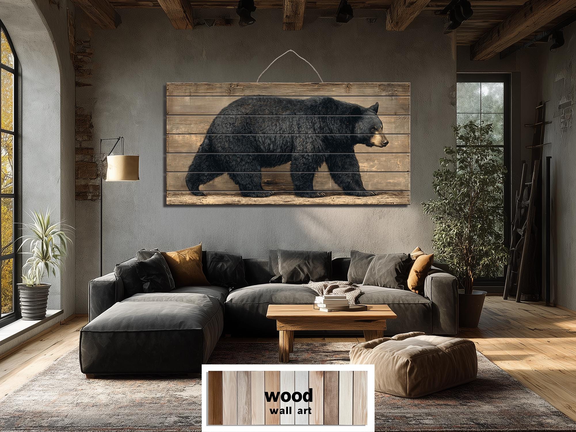 Walking Black Bear Large Horizontal Wood Wall Art For  Rustic Cabin Or Hunting Lodge Decor