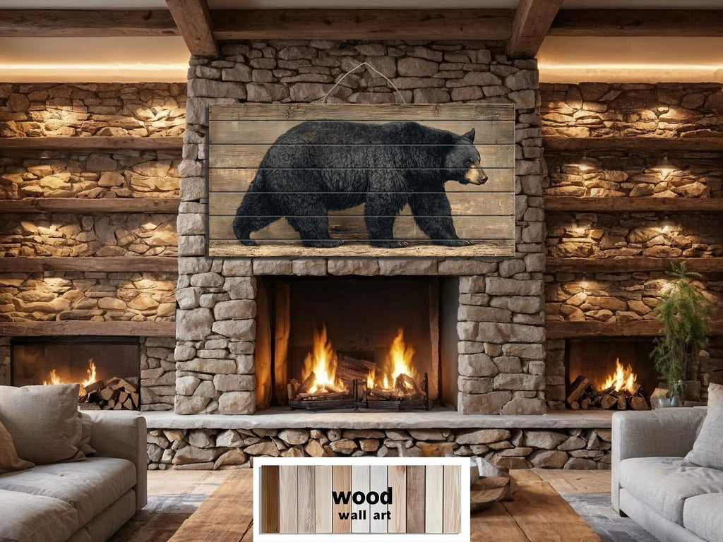 Walking Black Bear Large Horizontal Wood Wall Art For  Rustic Cabin Or Hunting Lodge Decor