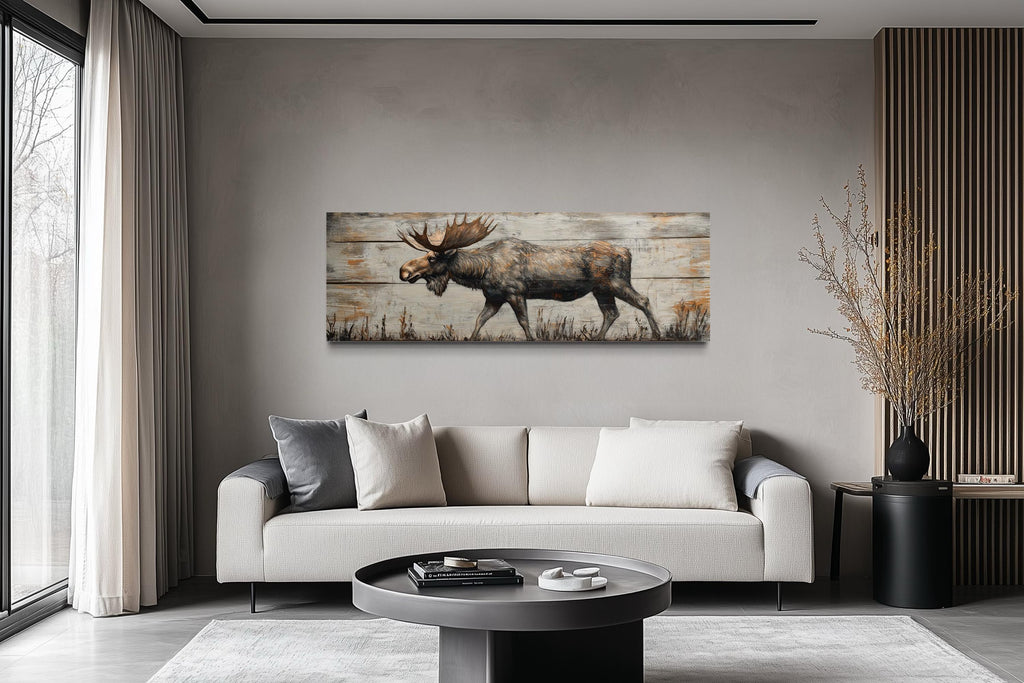 Walking Moose On Wood Painting Long Horizontal Canvas Wall Art