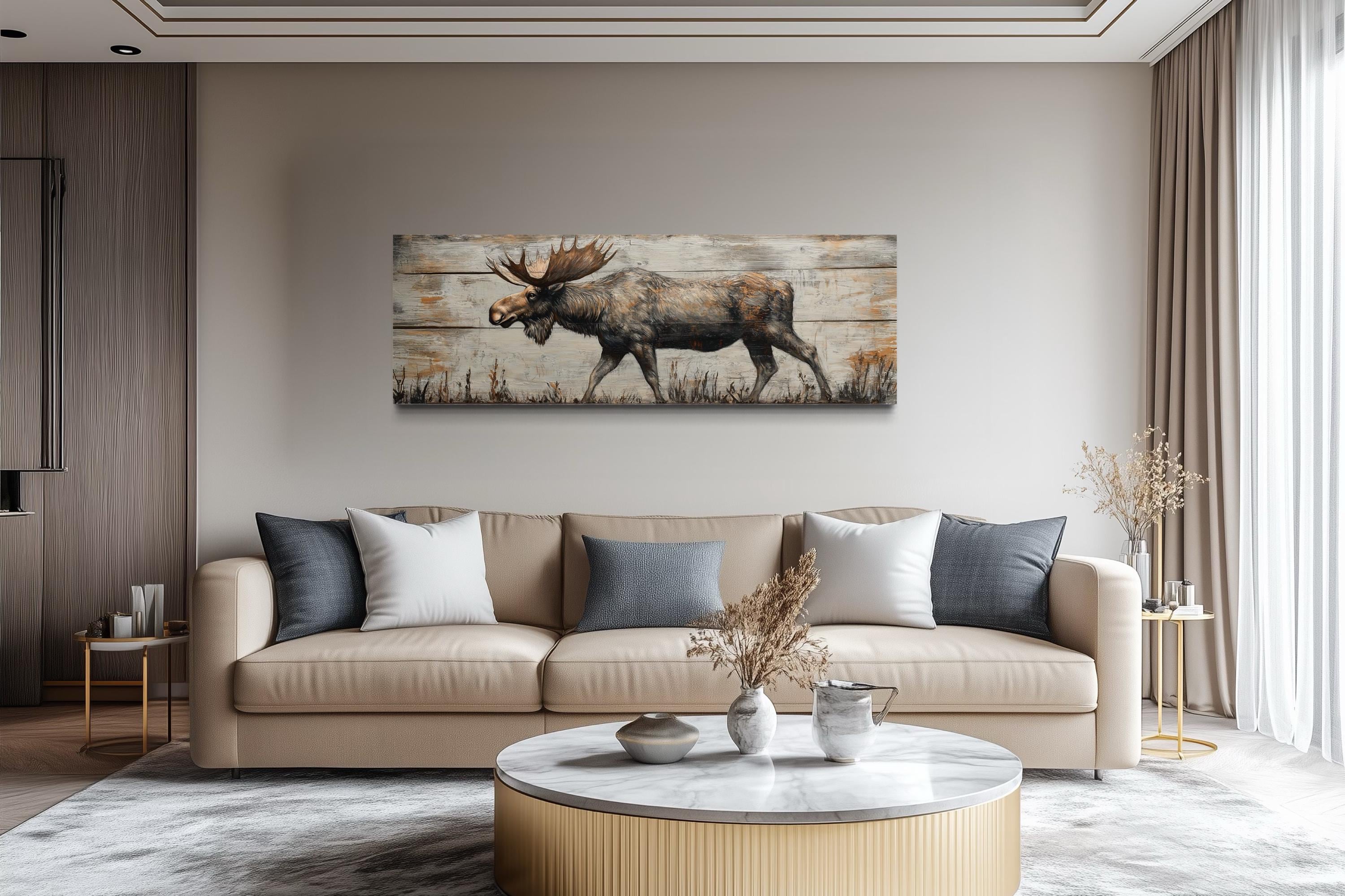 Walking Moose On Wood Painting Long Horizontal Canvas Wall Art