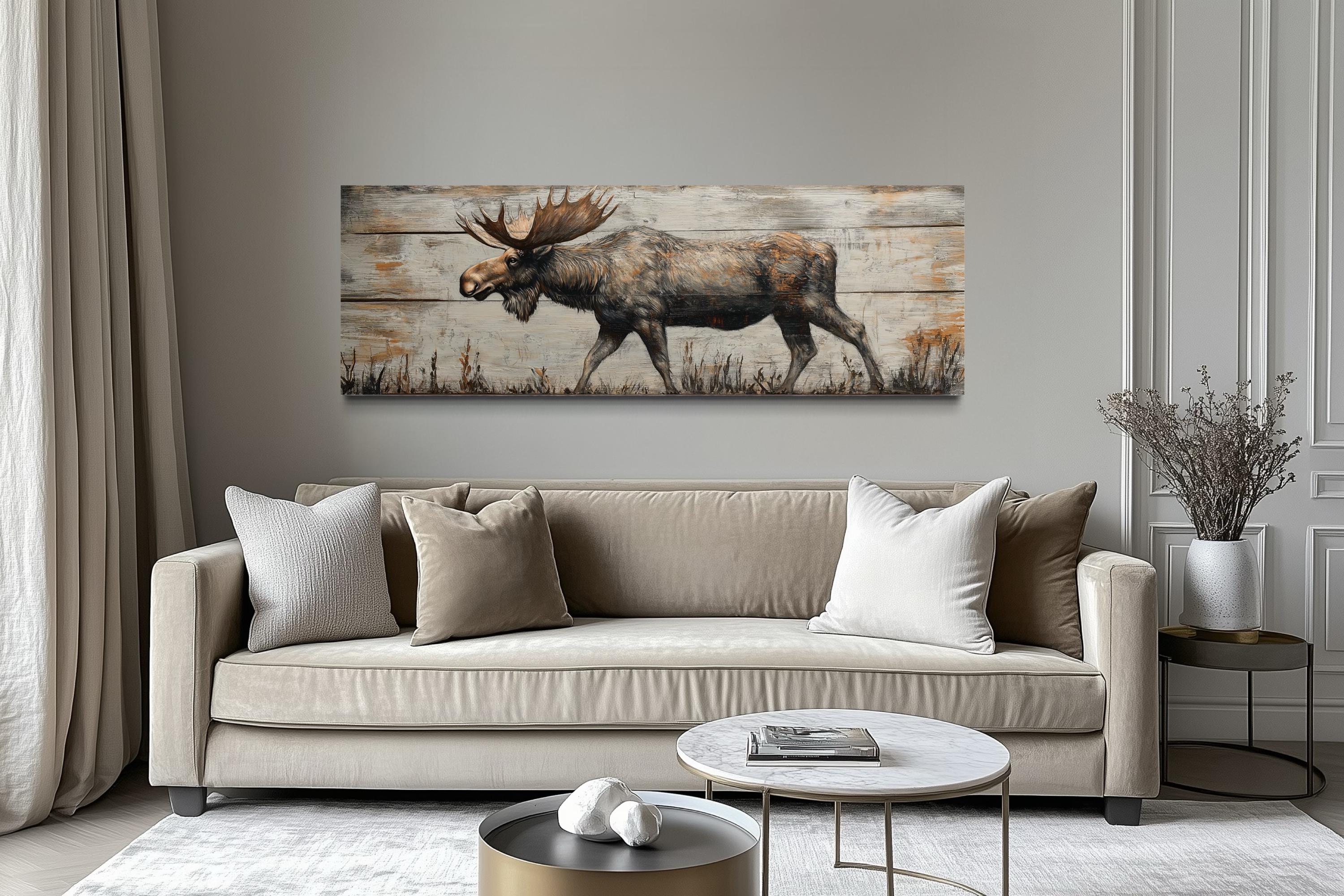 Walking Moose On Wood Painting Long Horizontal Canvas Wall Art