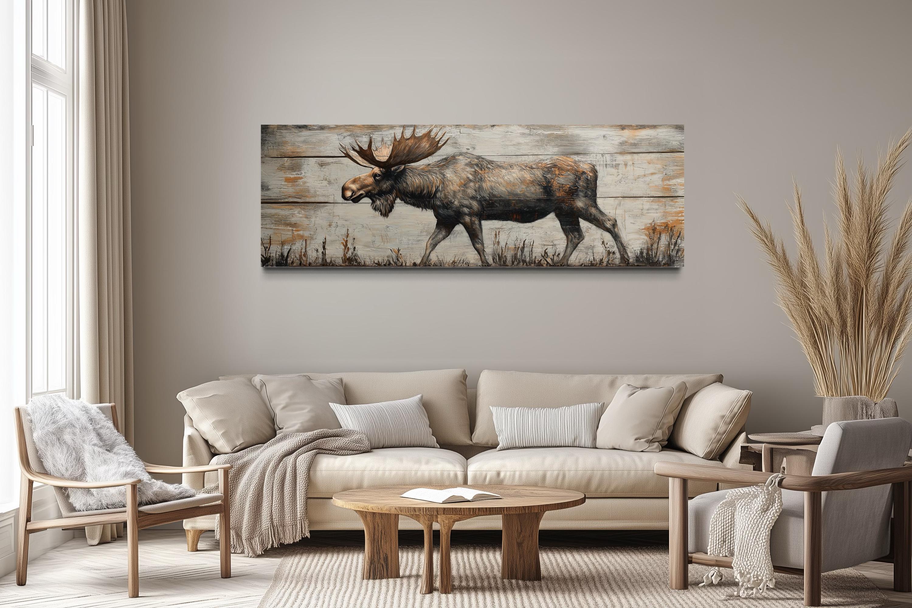 Walking Moose On Wood Painting Long Horizontal Canvas Wall Art