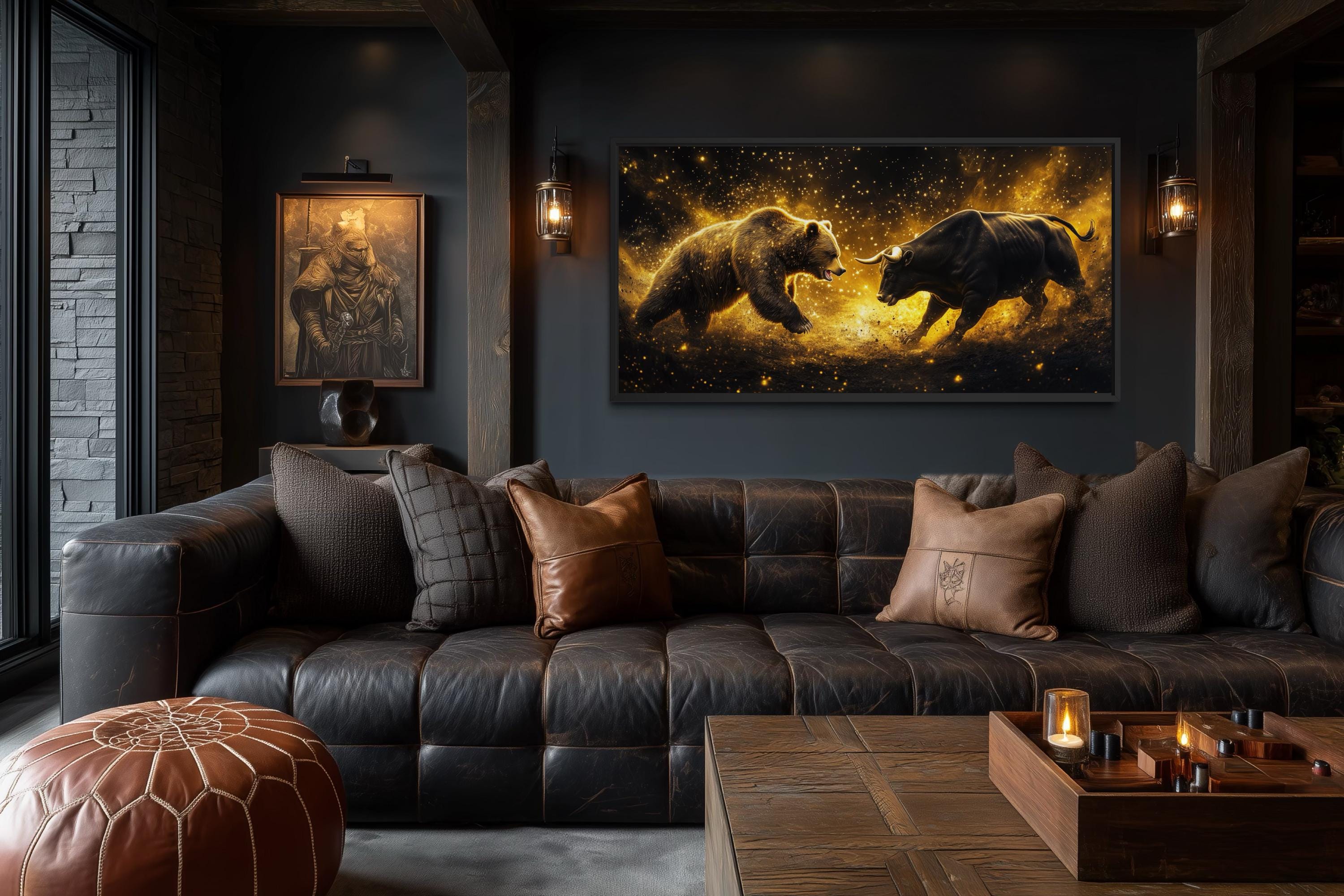 Wall Street Bull Fighting Bear Art – Gold Black Market Cycle Painting | Office Decor Canvas